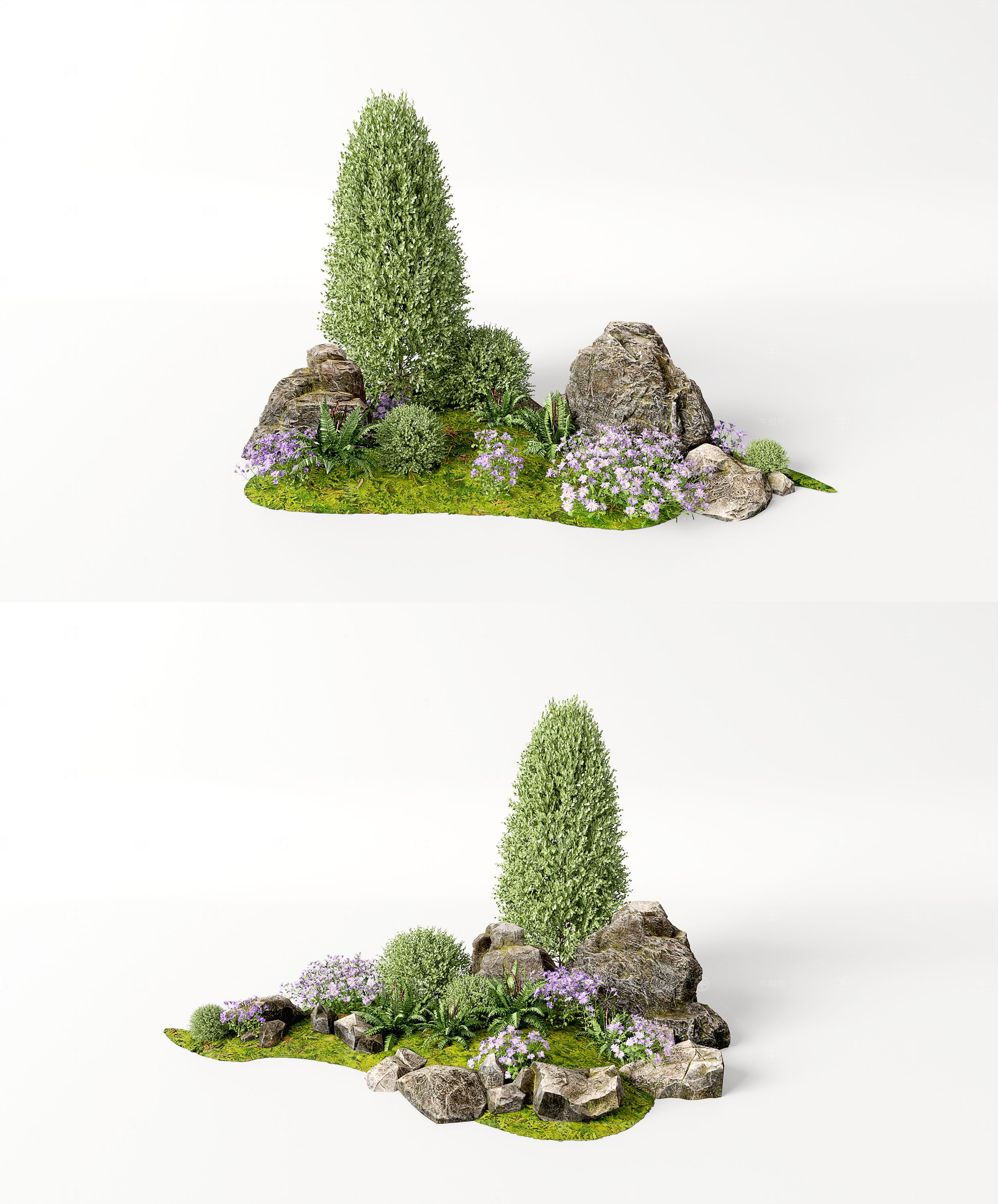 组团小景模型  现代植物堆 球形灌木 带花灌木植物组合