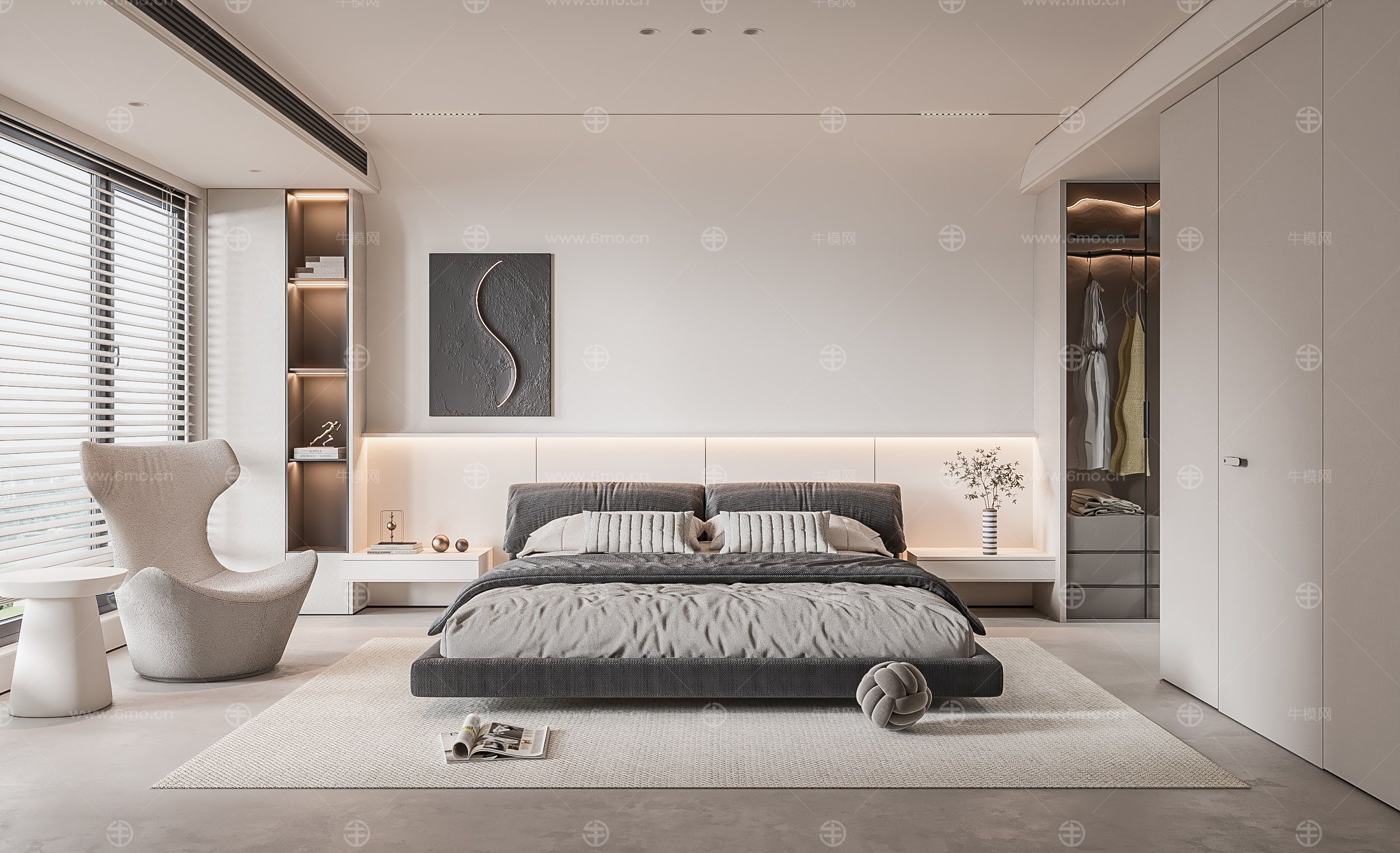 现代卧室 双人床 饰品 床头灯 造形吊顶 造型衣柜