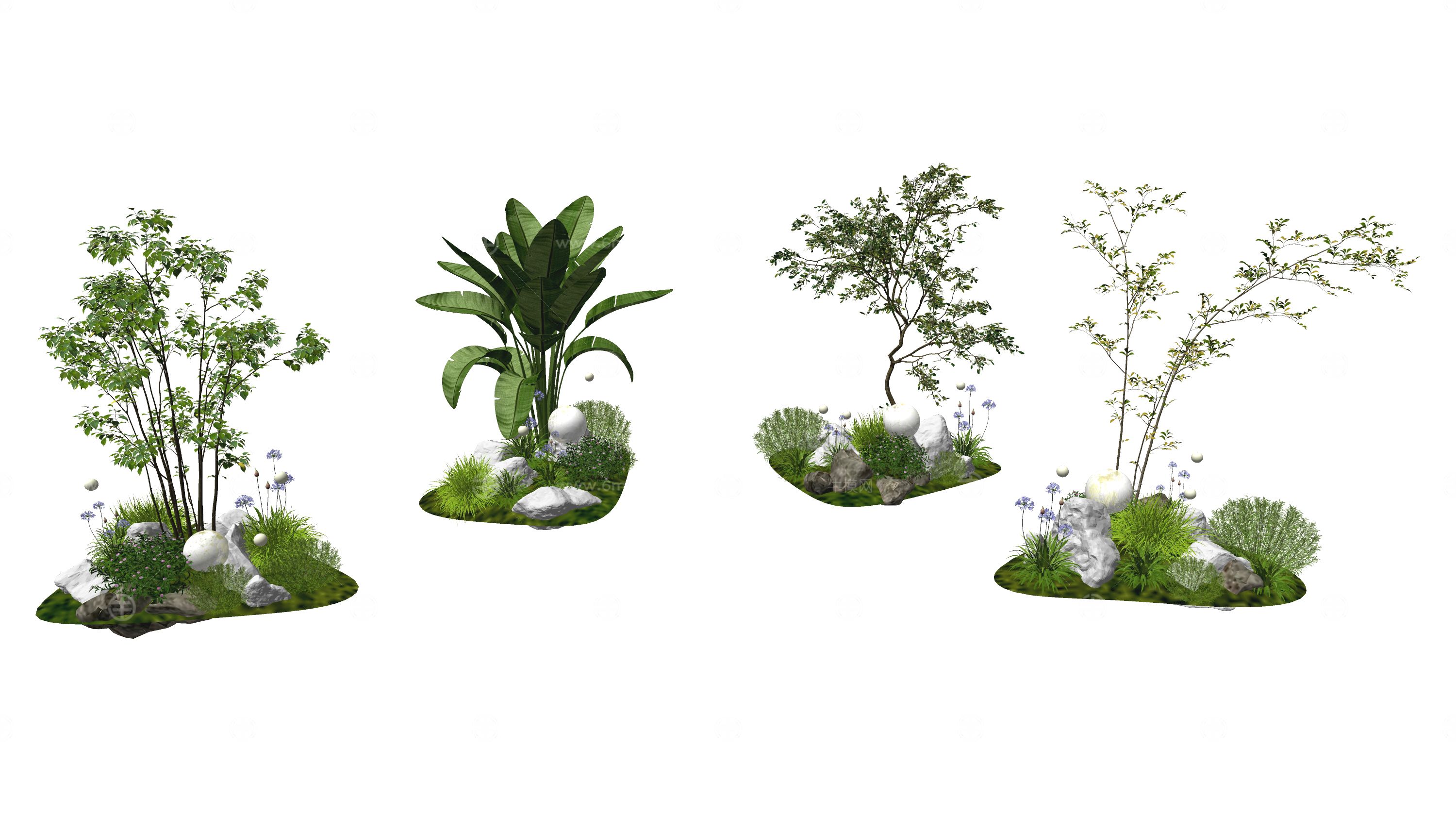 su现代植物堆 组团小景模型  现代植物堆 庭院小景 草坪组团花草 植物组合