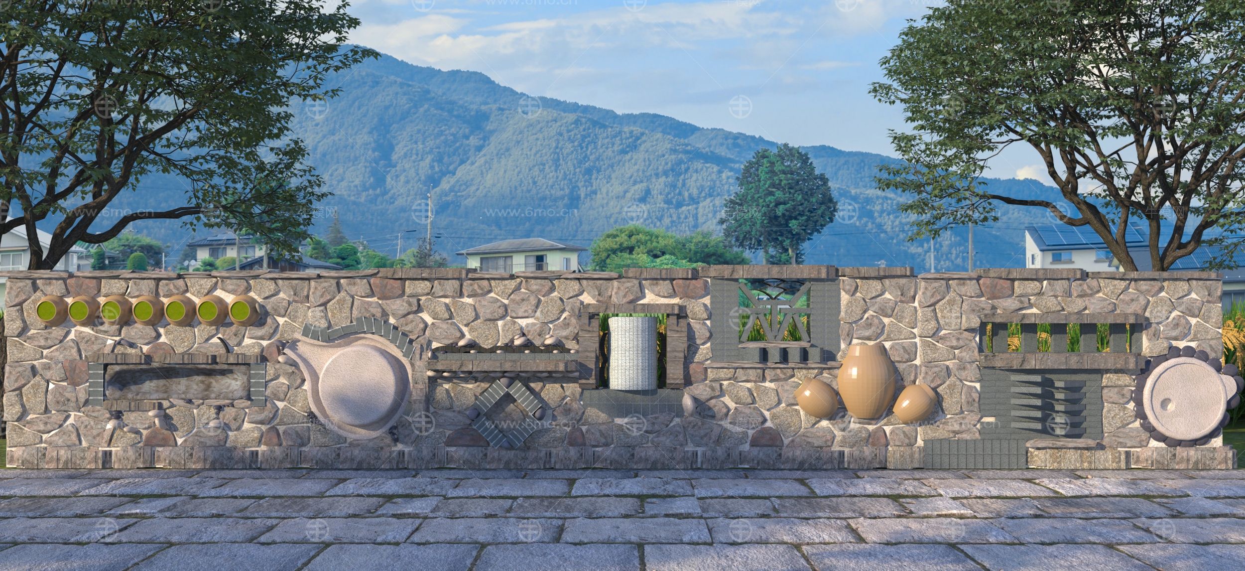 新中式乡村景墙围墙3D模型