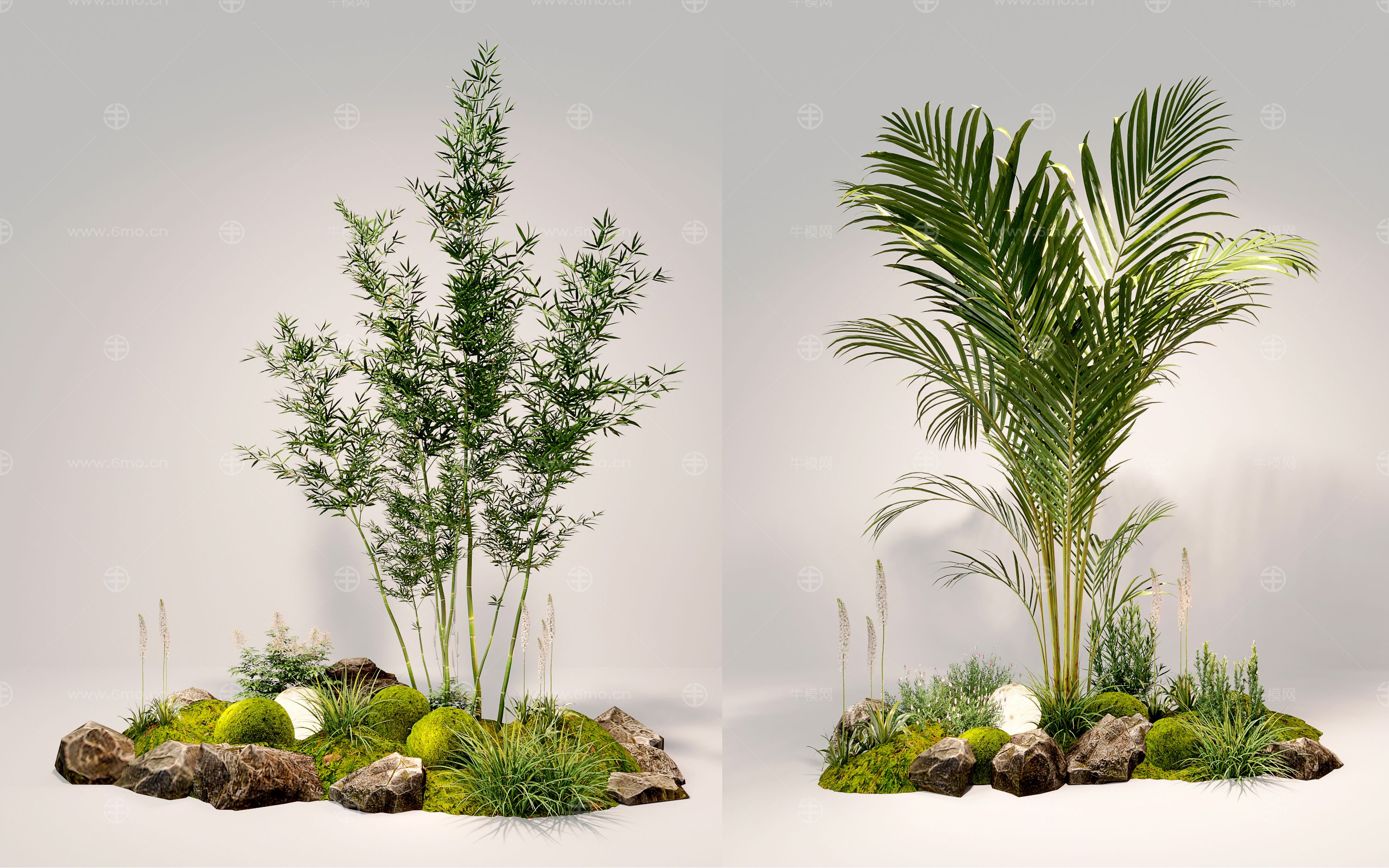 3d现代室内组团小景模型  现代植物堆 球形灌木 苔藓球  带花灌木植物组合
