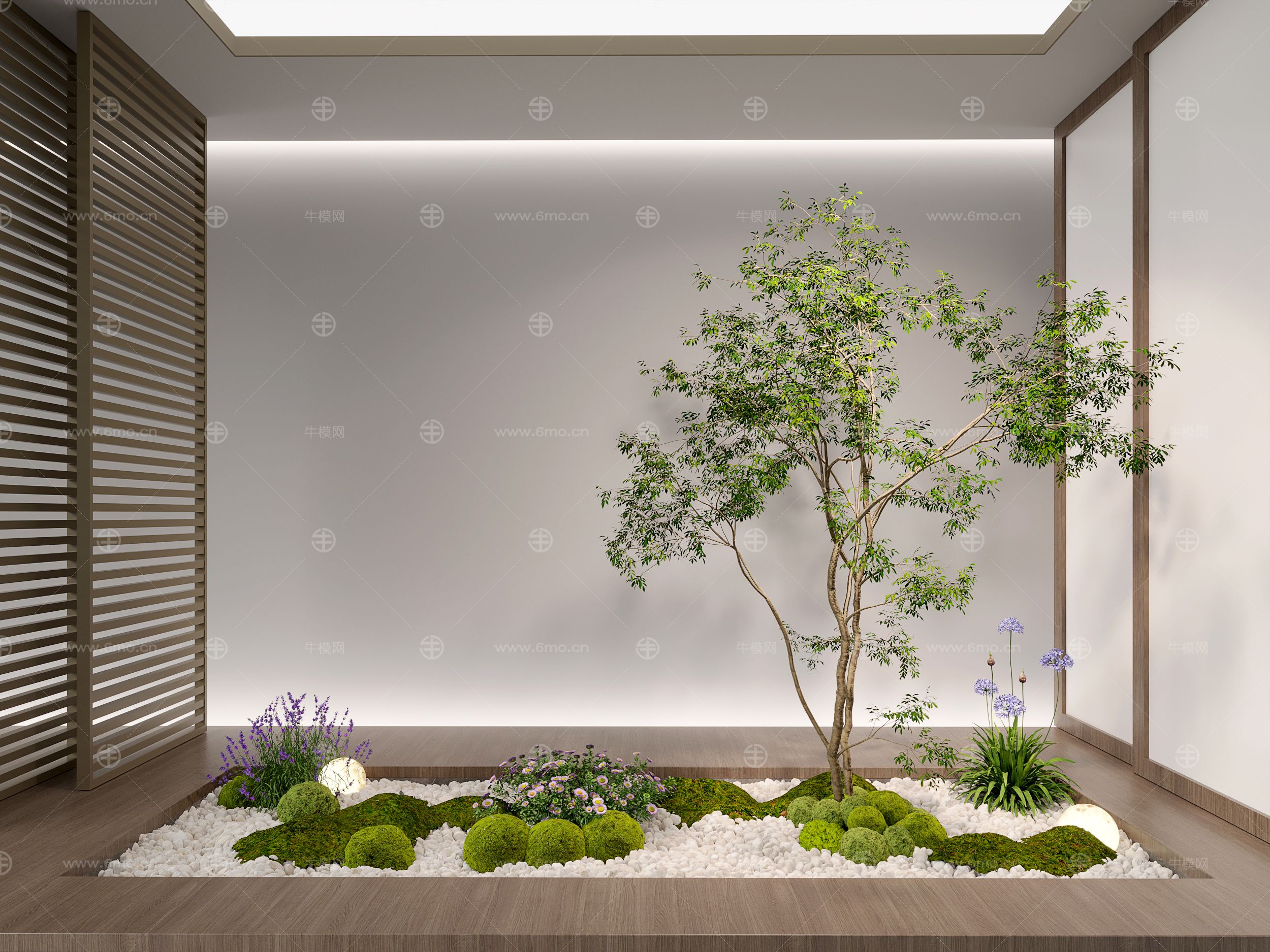 3d现代室内组团小景模型  现代植物堆 球形灌木 苔藓球  带花灌木植物组合-vr