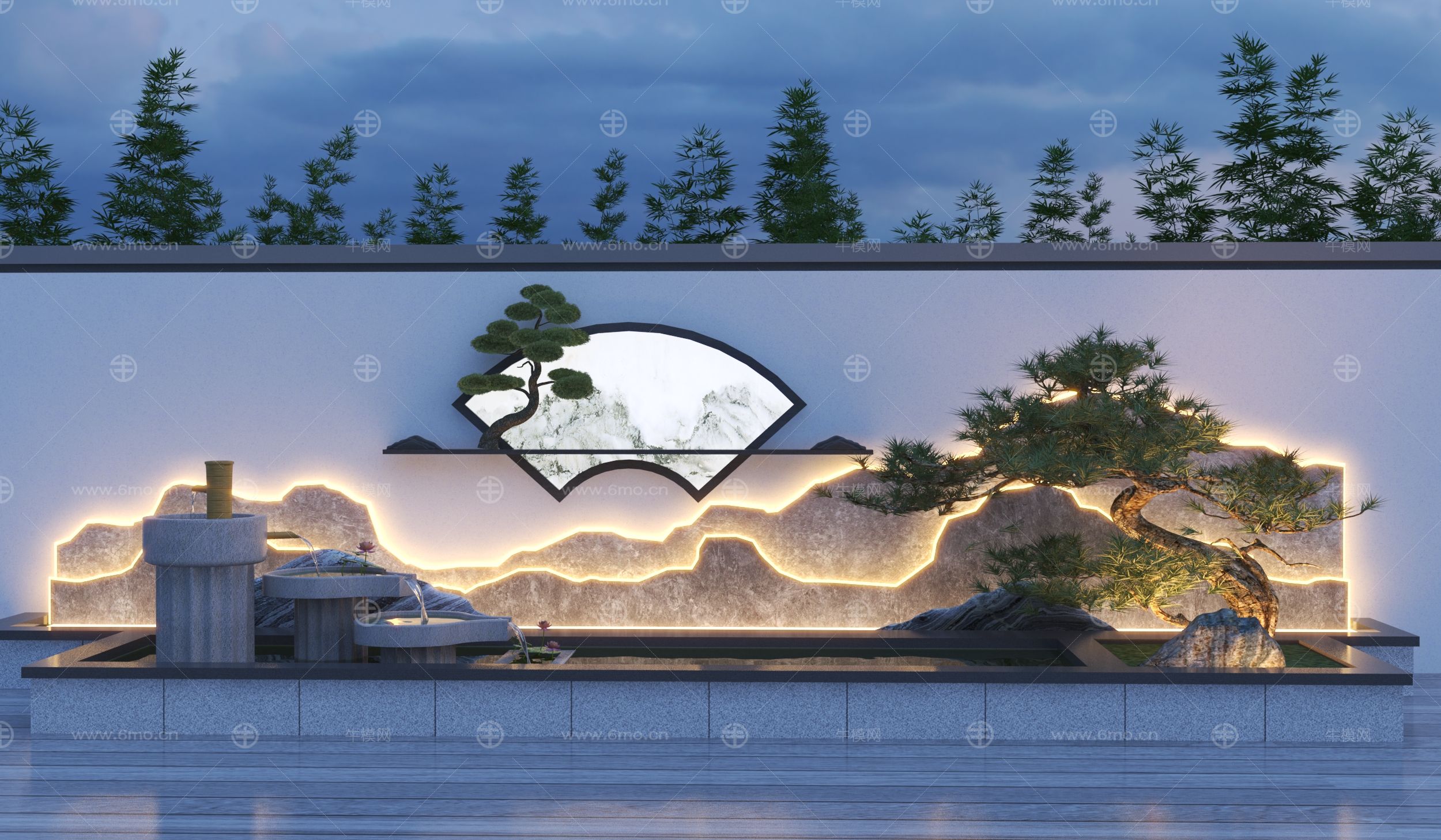 新中式庭院景观小品 流水景墙3D模型