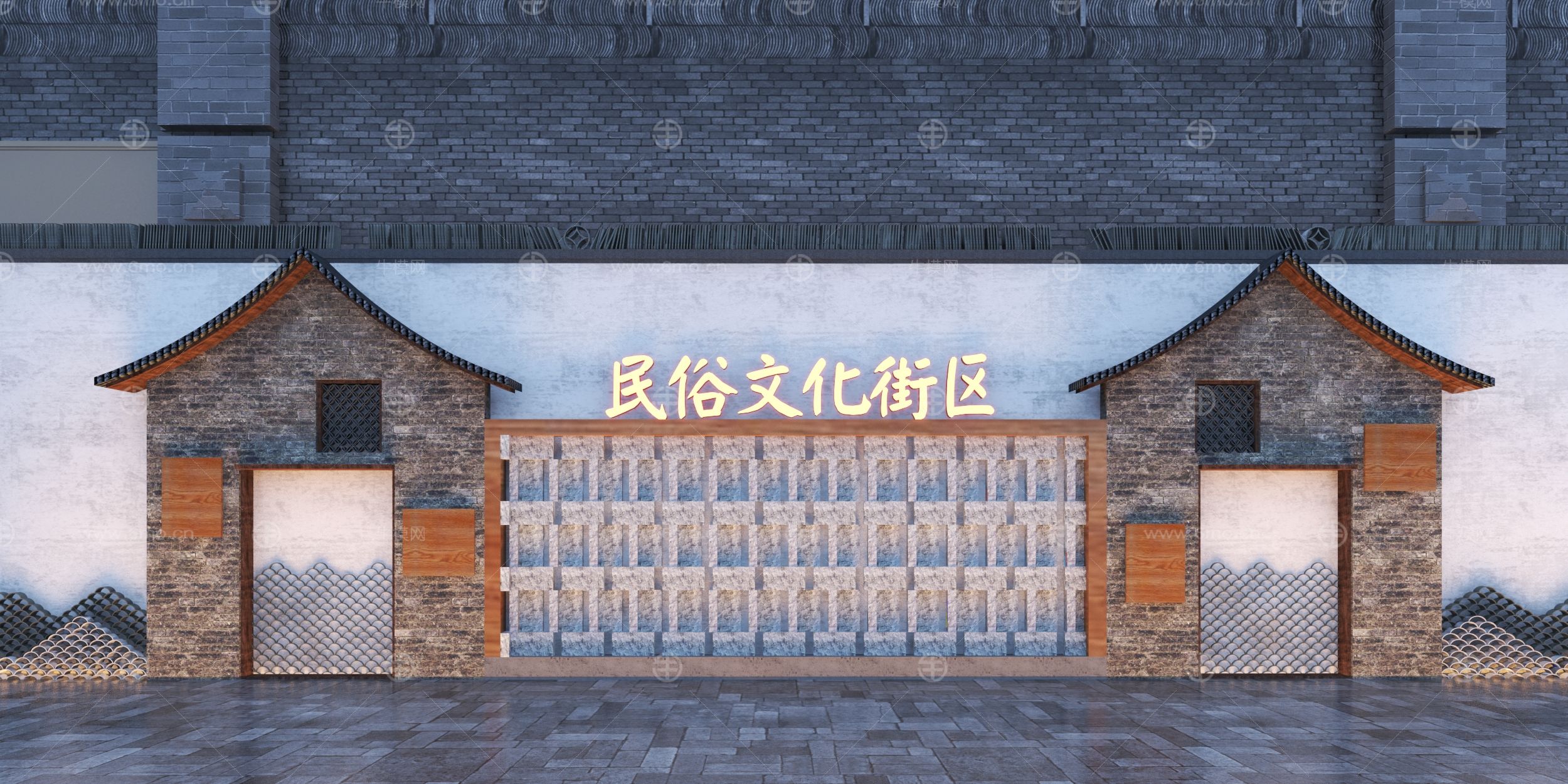 新中式商业街雕塑小品景墙3D模型