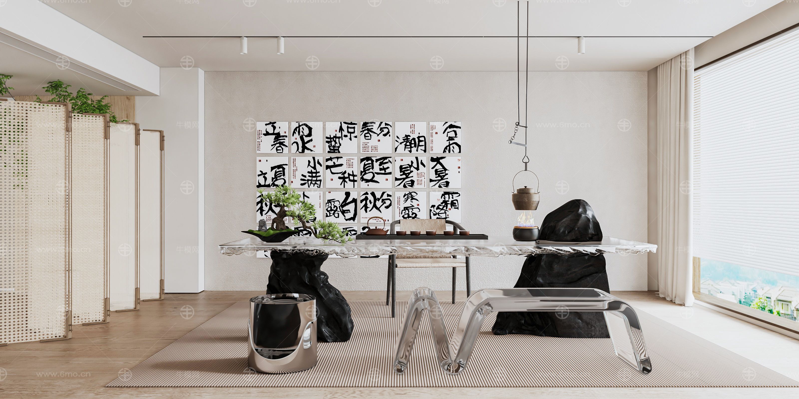 新中式茶室水晶冰川桌茶桌椅组合书房