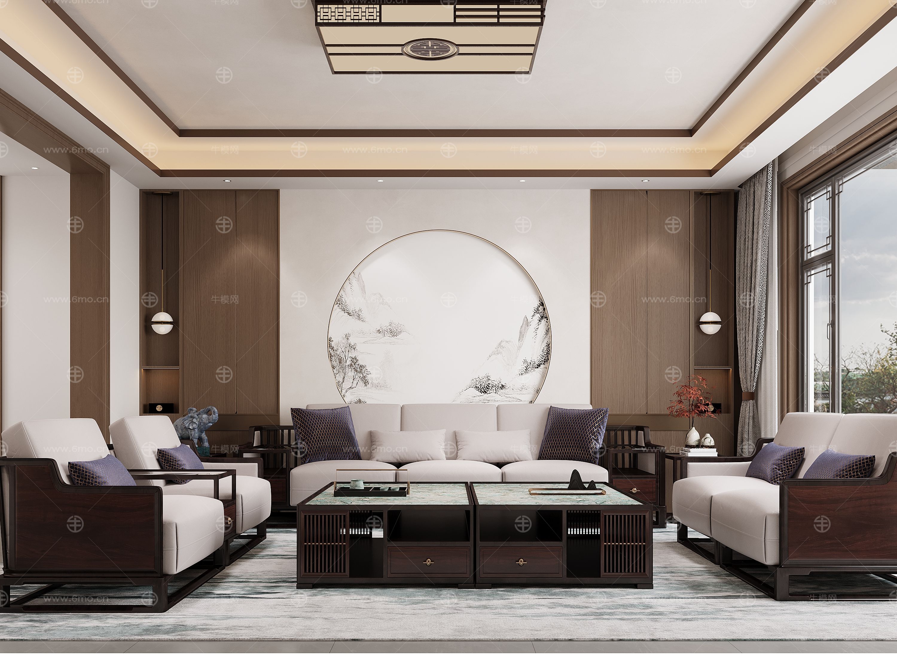 新中式客厅 沙发茶几组合 新中式沙发背景墙