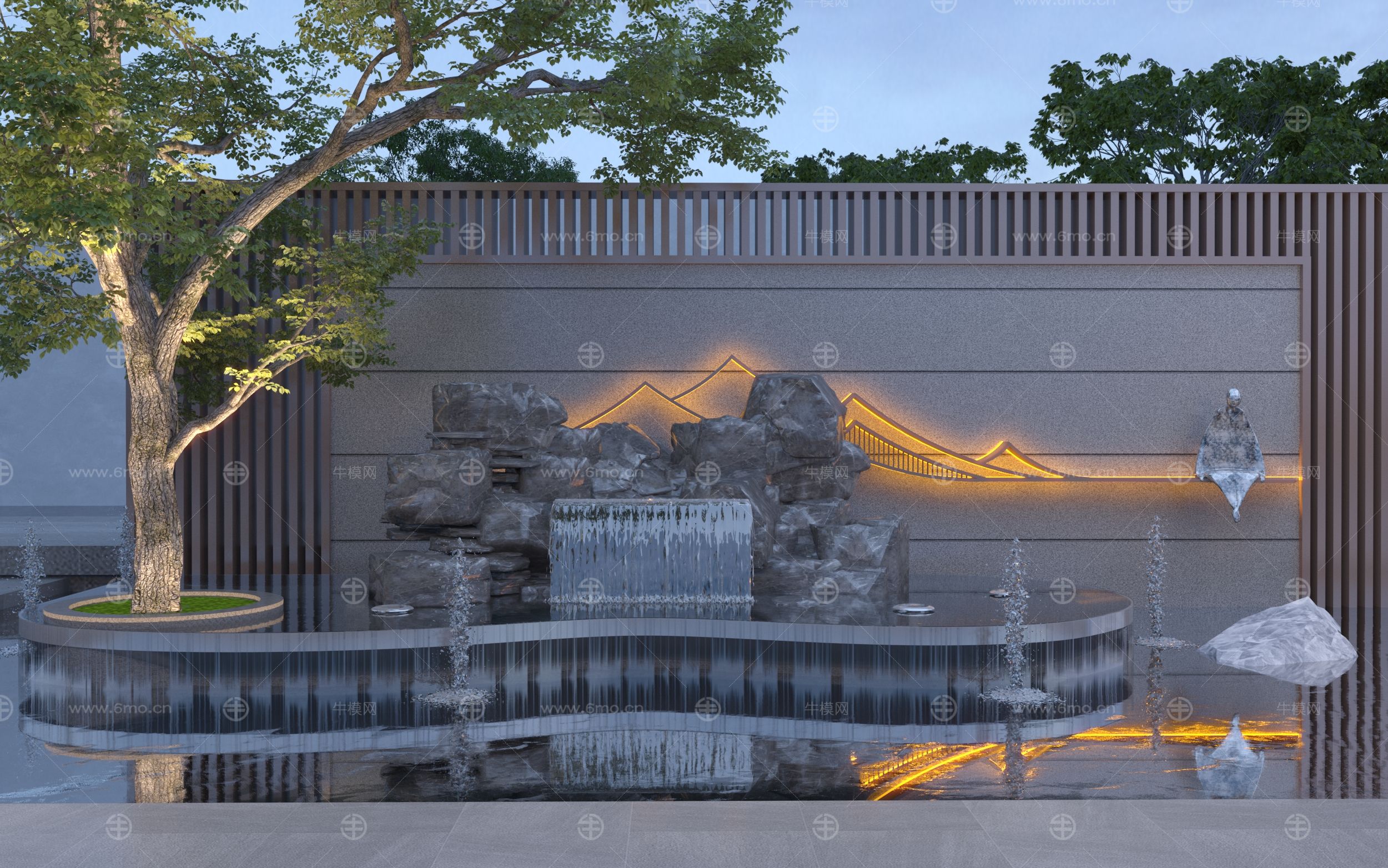 新中式庭院假山水景3D模型