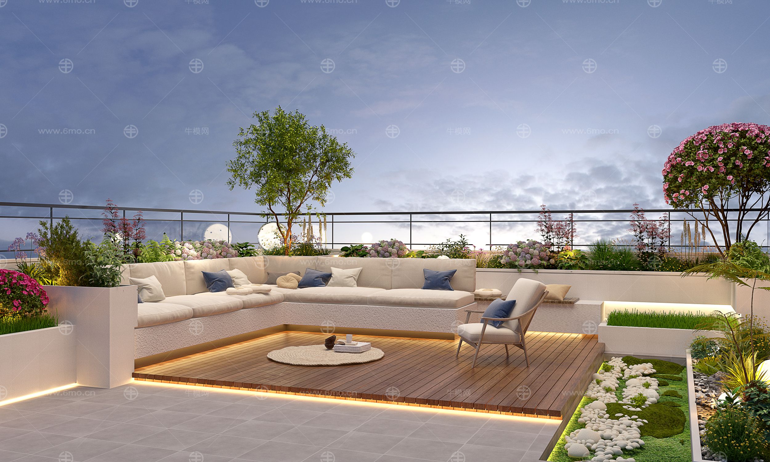 3d现代屋顶花园 阳台景观 户外庭院 植物组合 黄昏阳台 露台景观