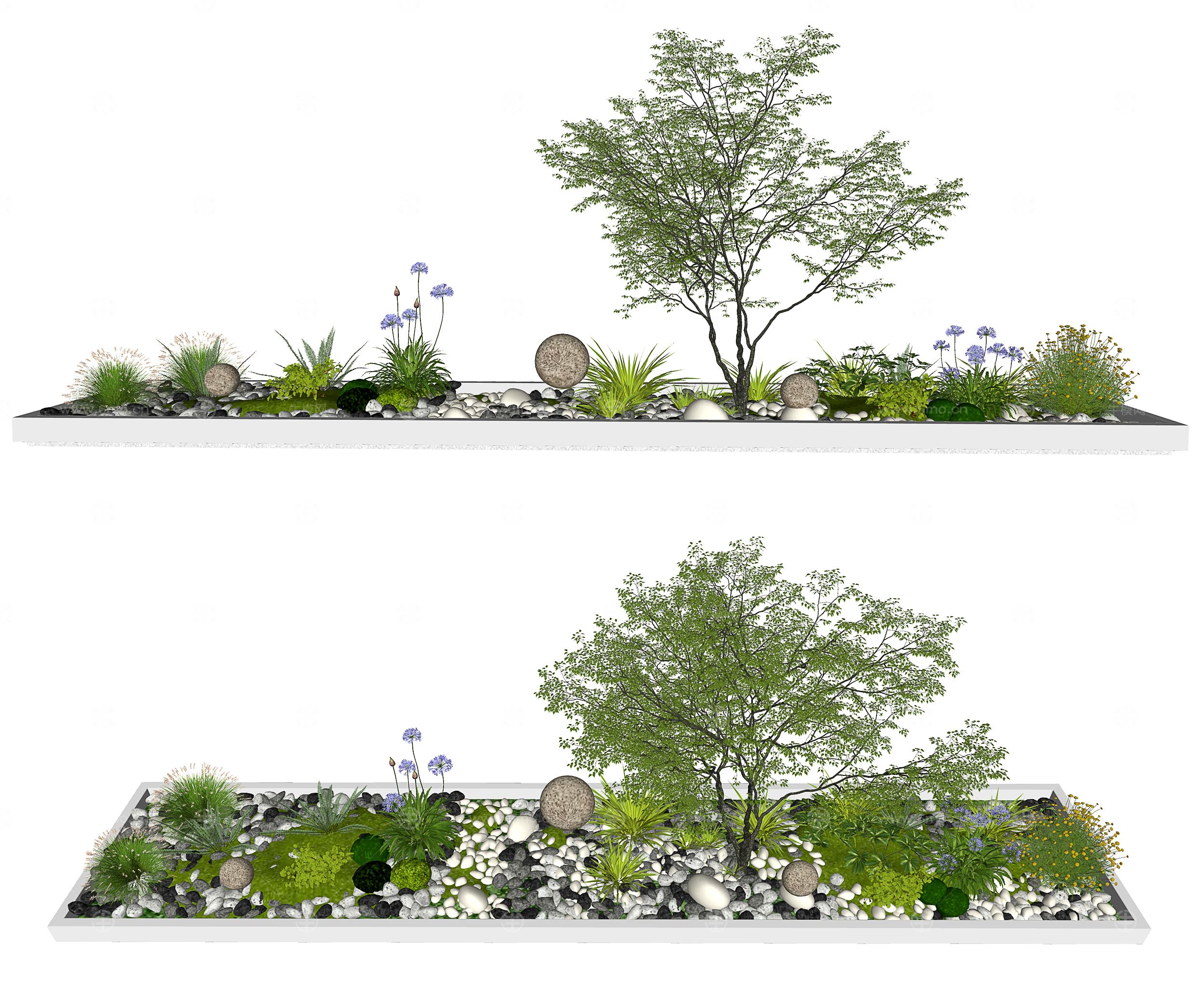 3d现代室内组团小景模型  现代植物堆 球形灌木 苔藓球  带花灌木植物组合00