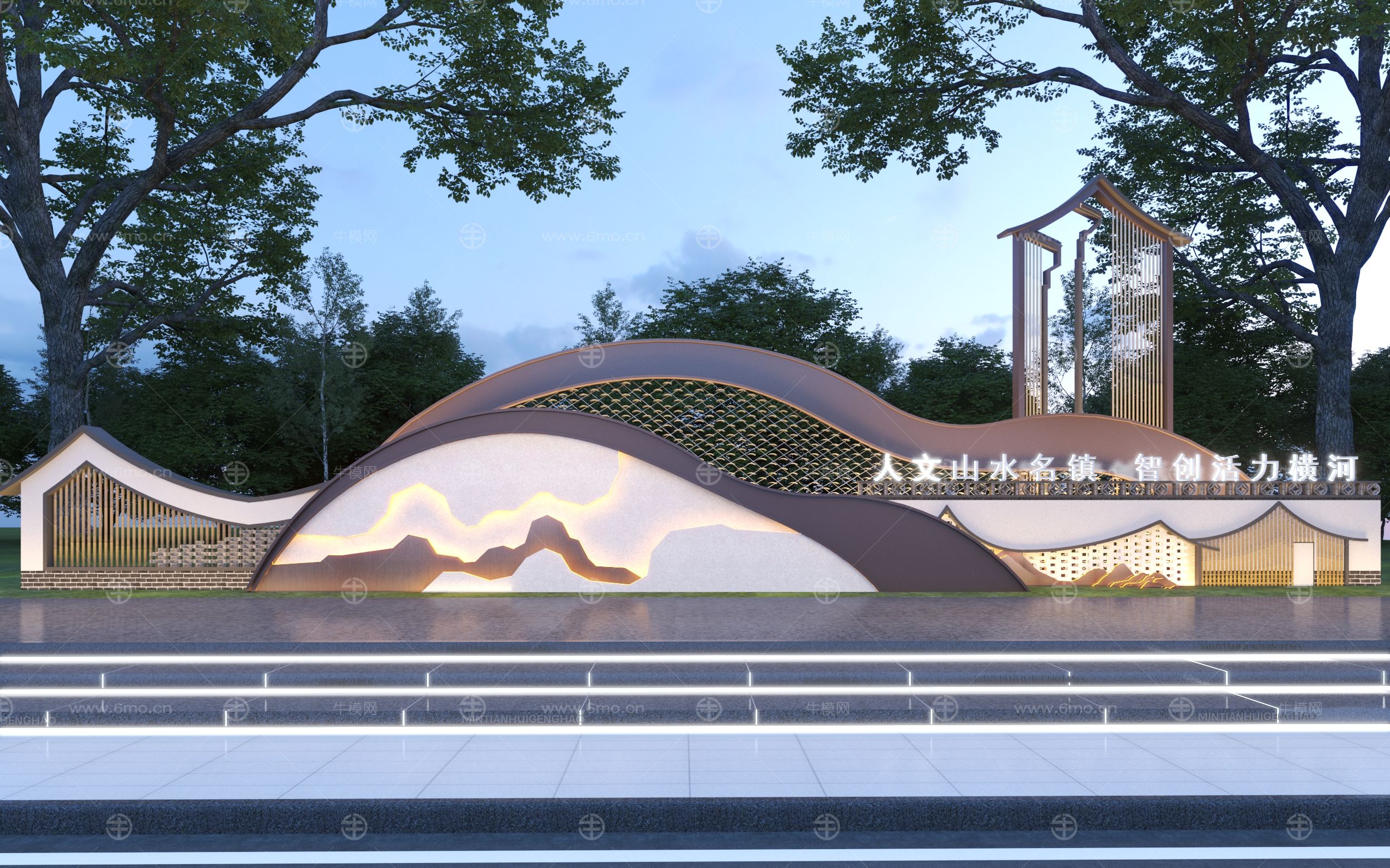 新中式山水景墙雕塑小品3D模型