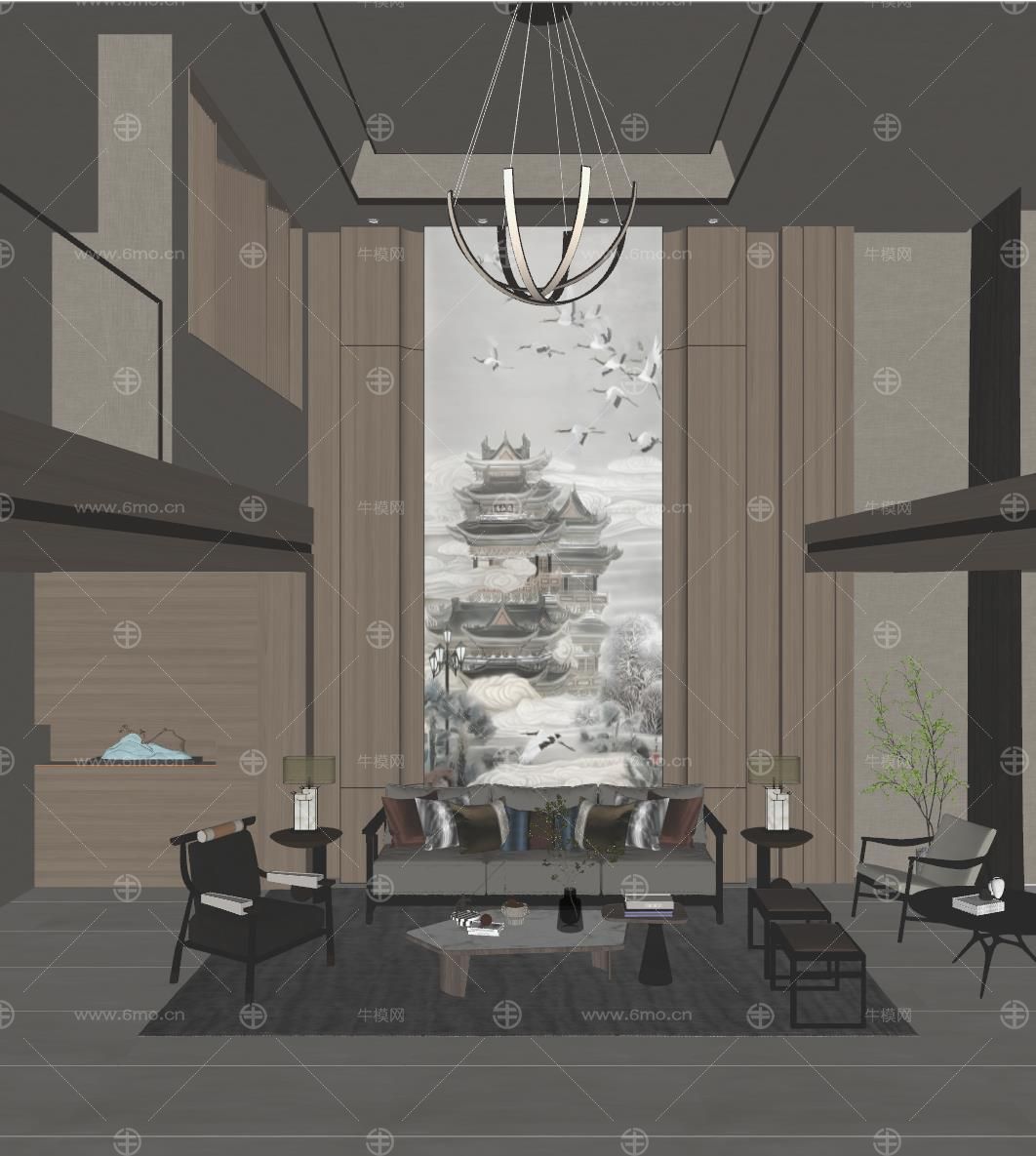 新中式原木风LOFT复制别墅客厅挑空客厅沙发背景墙