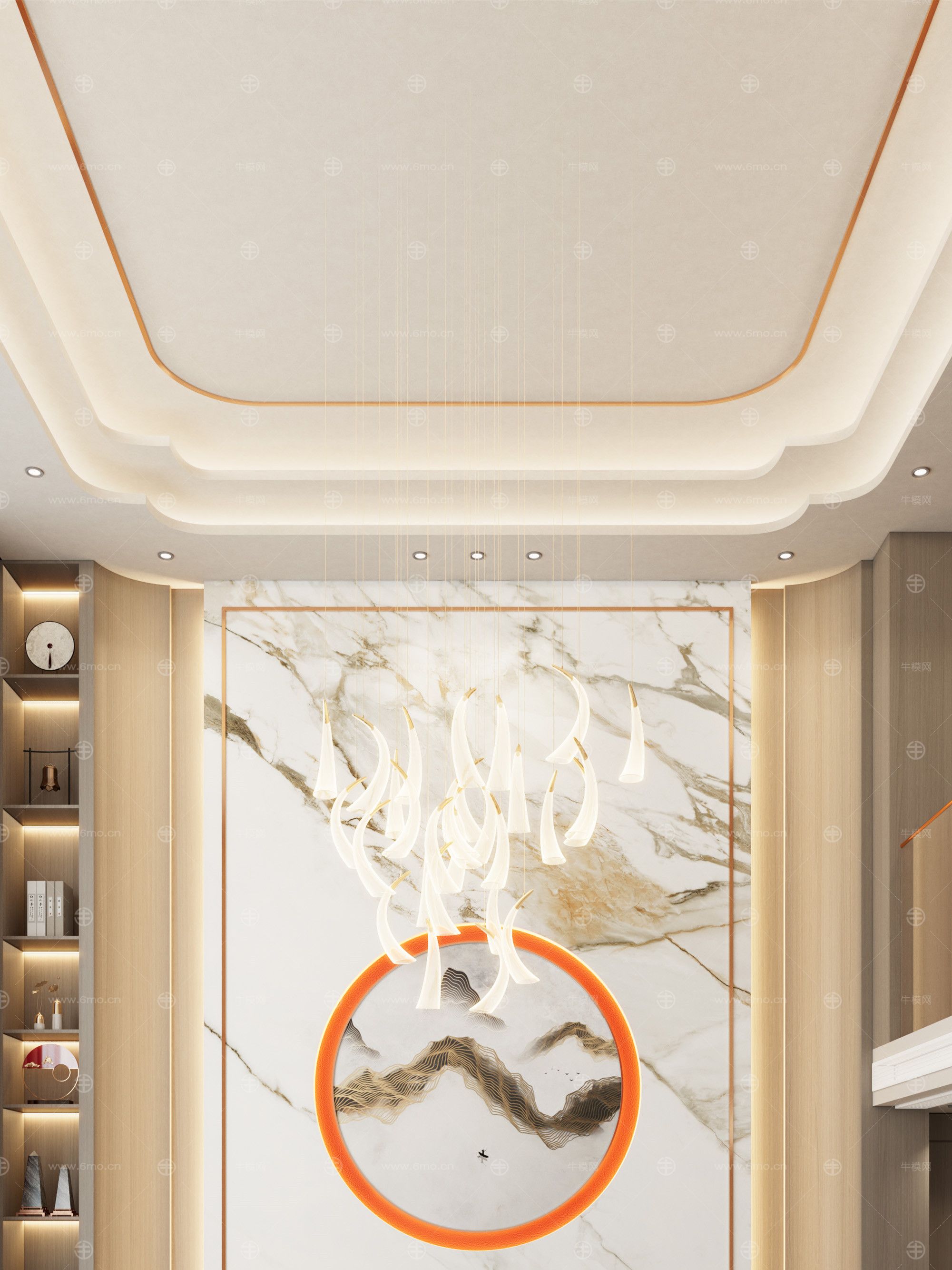新中式轻奢风复式别墅客厅挑空弧形沙发背景墙