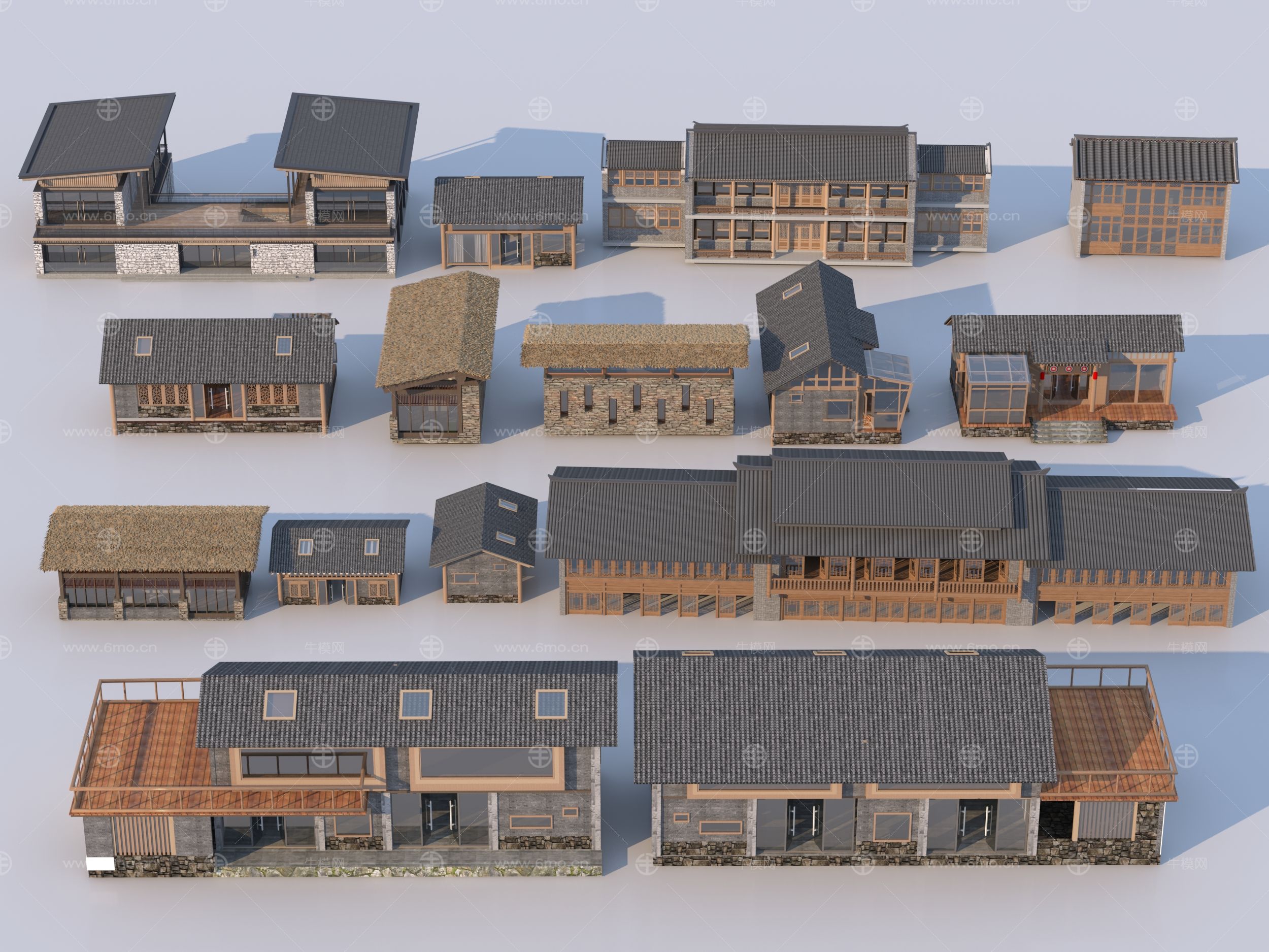 中式民宿建筑合集 茅草房3D模型