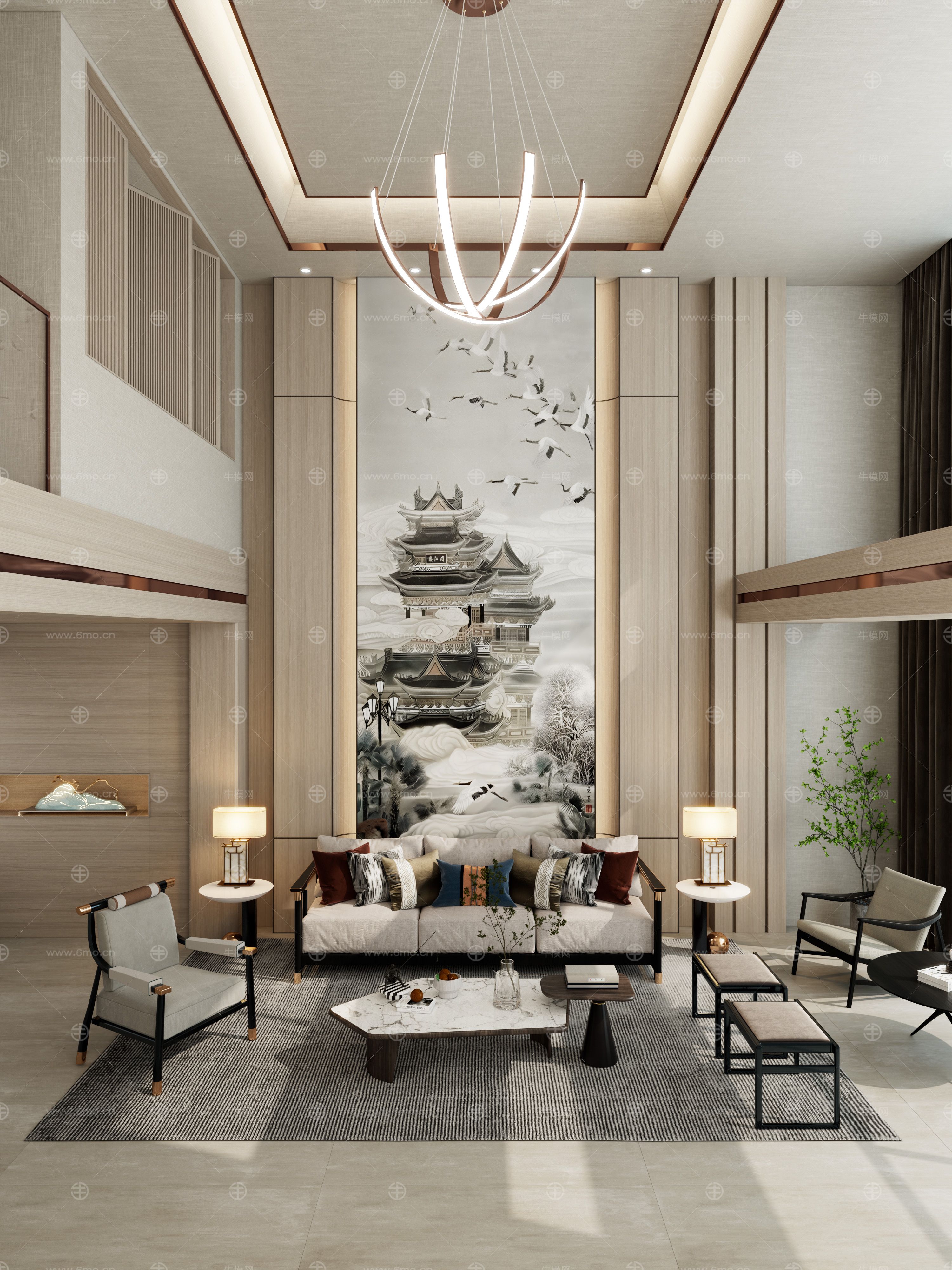 新中式原木风LOFT复制别墅客厅挑空客厅沙发背景墙