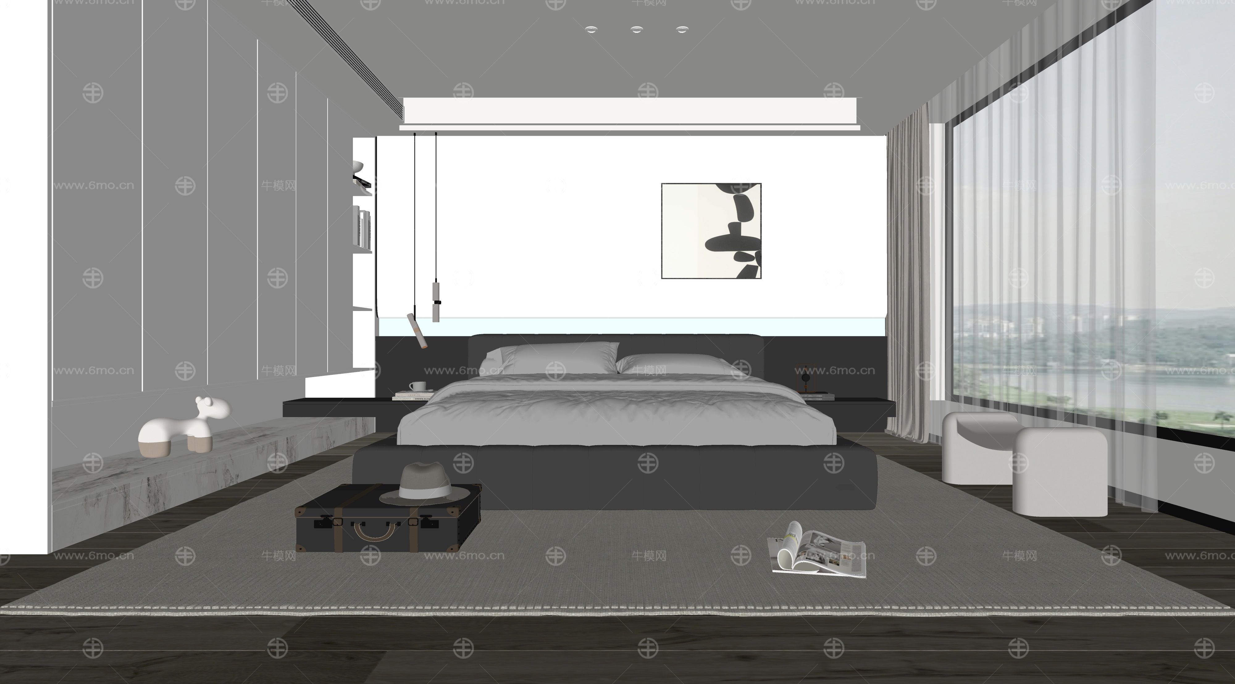 现代卧室 双人床 饰品 休闲椅 床头吊灯 无主灯造形吊顶 衣柜