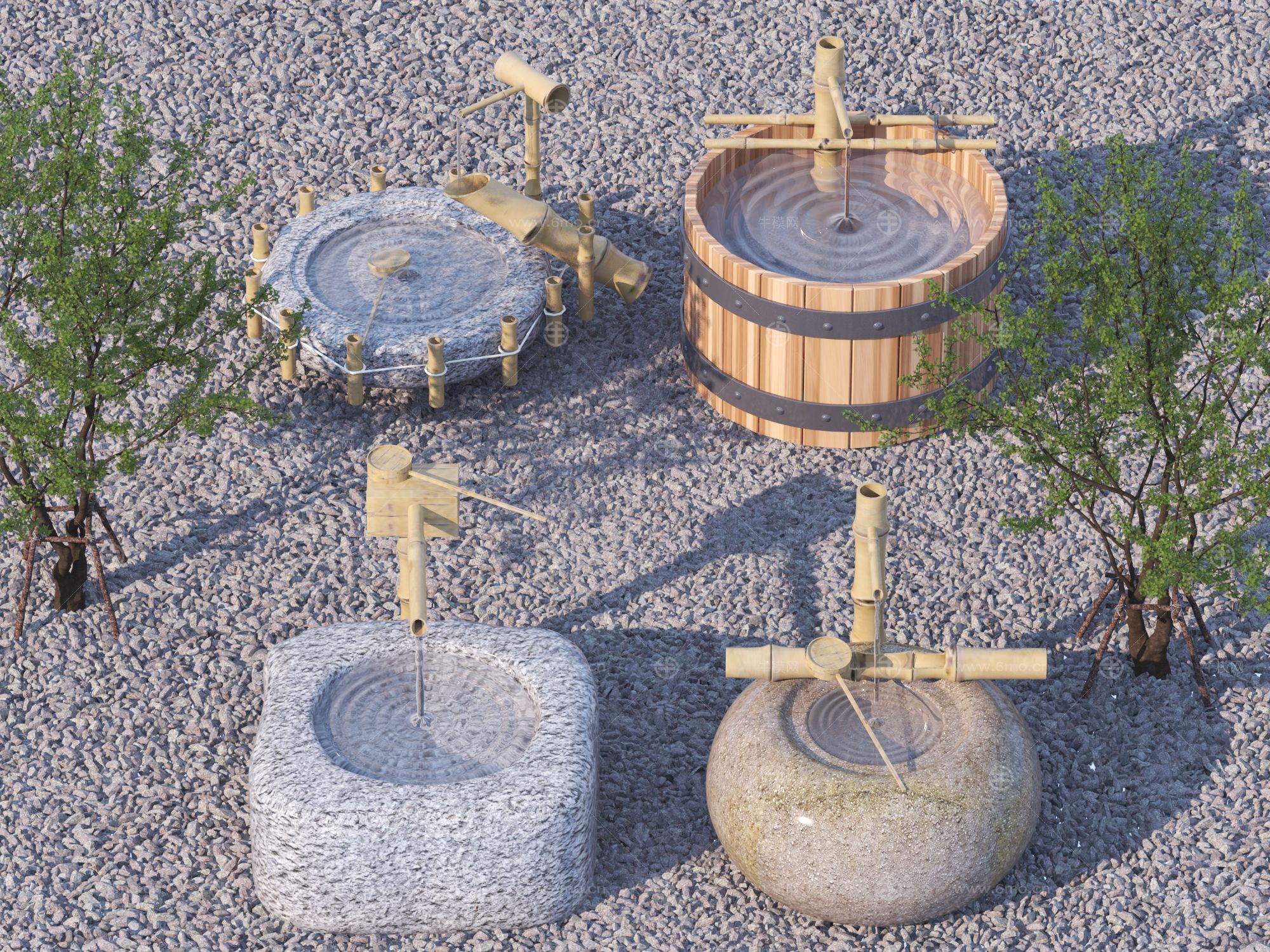 日式枯山水景观小品 水钵 水缸3D模型