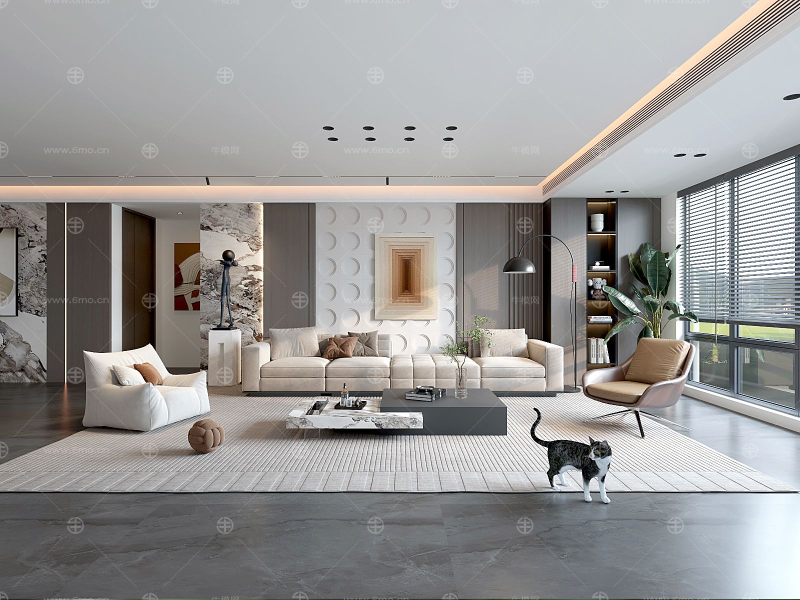 现代客厅 沙发组合 装饰品 挂画 落地灯 绿植 摆件 家装3D模型 