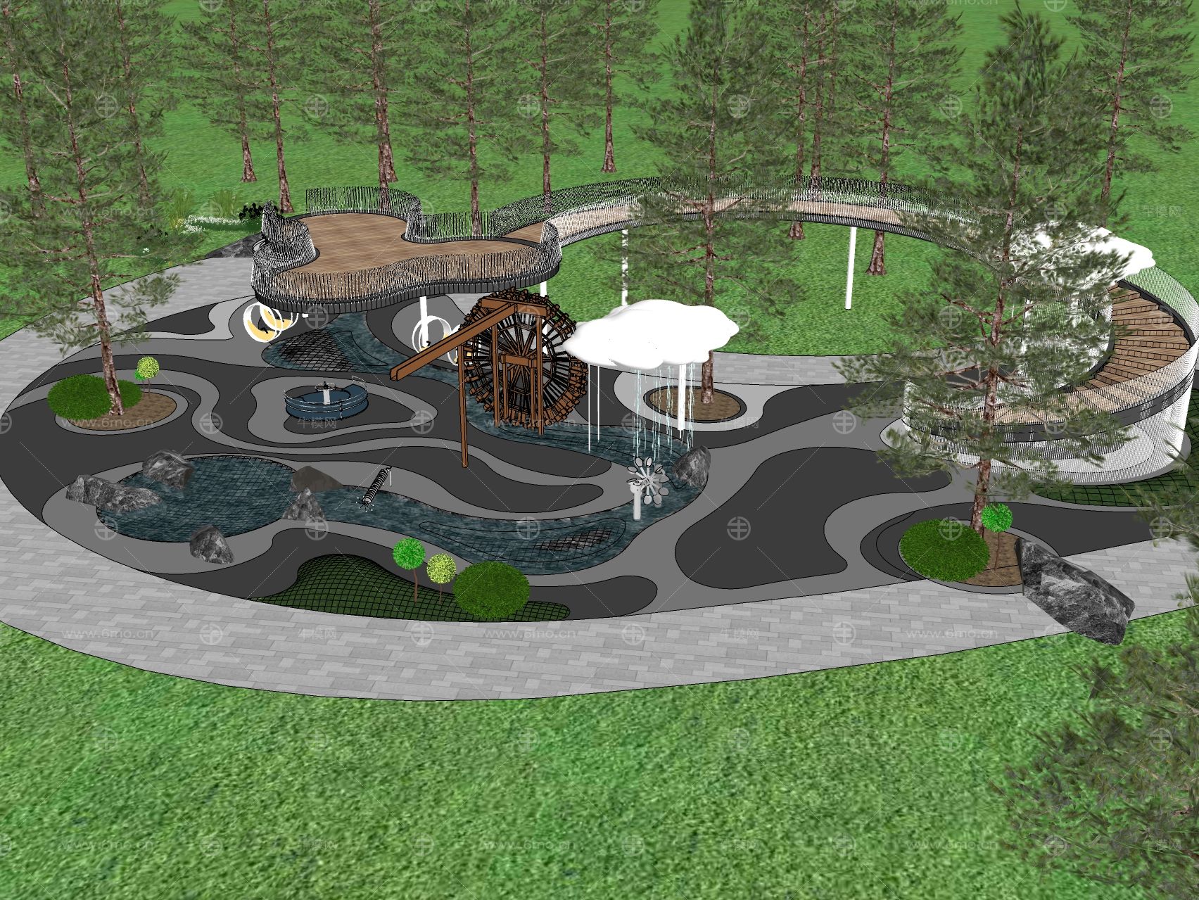 现代儿童游乐设施儿童活动区互动设施公园游乐儿童戏水区水车水池取水器景石