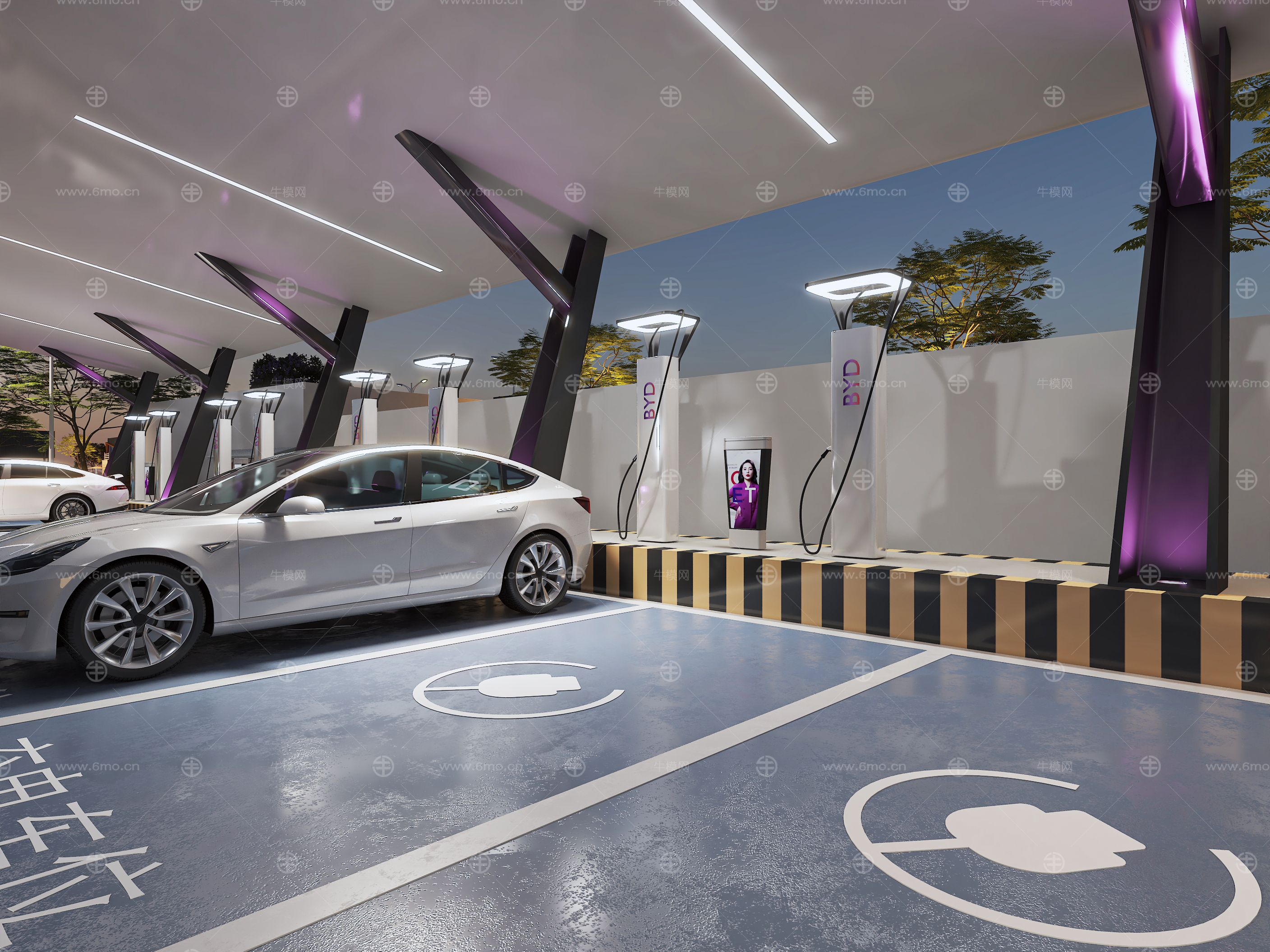现代新能源充电站 比亚迪充电桩 户外停车场 汽车跑车