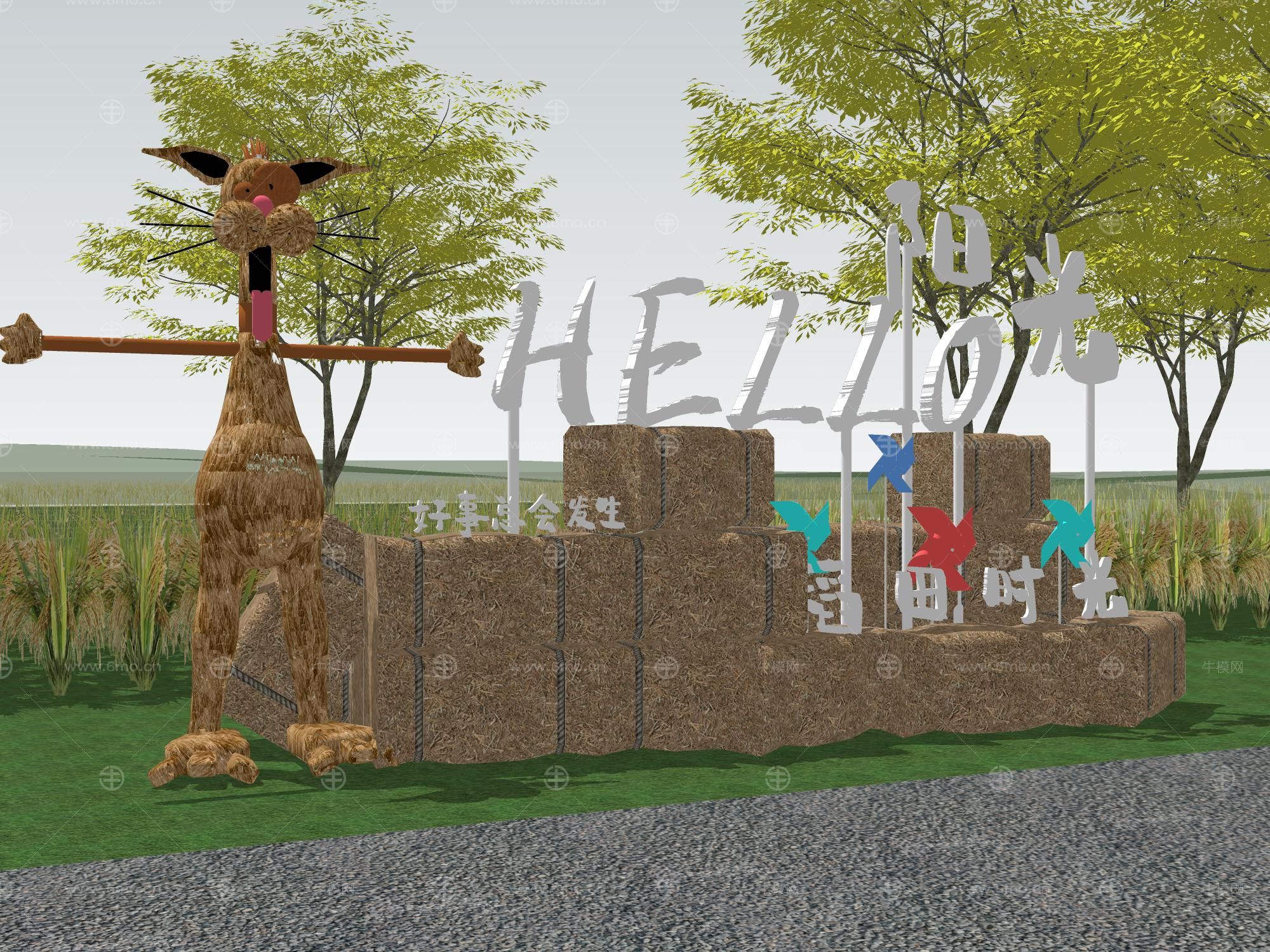 稻田露营景观草垛子干草堆设备风车宣传栏动物雕塑户外露营聚会水稻景观树植物