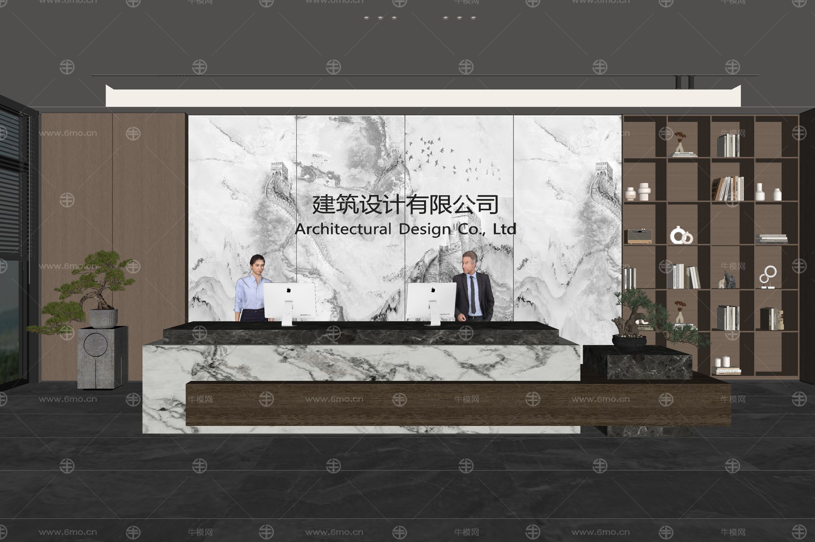 新中式公司前台 背景墙 接待区 吧台  接待台 服务台 大厅 简约 大堂