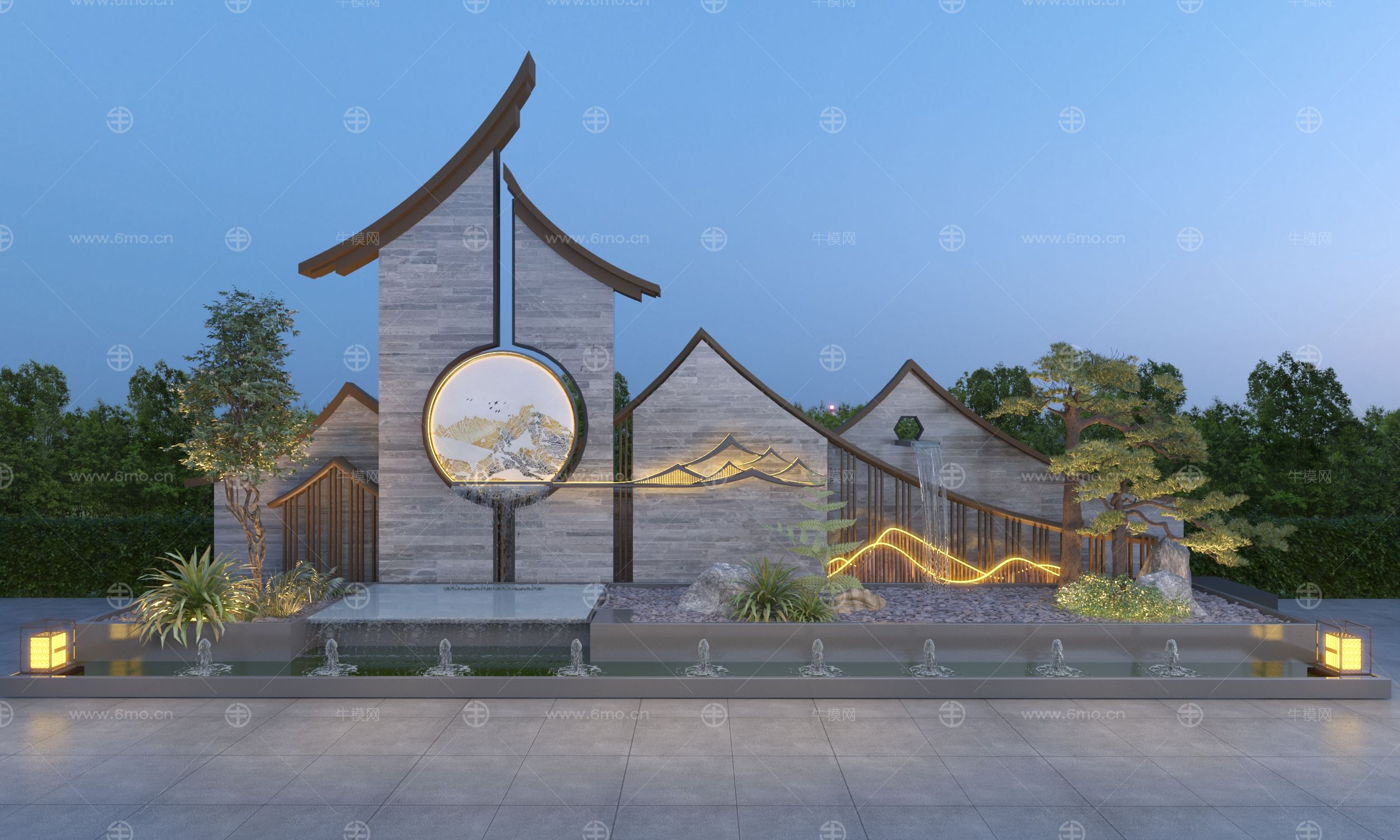 新中式庭院叠水景墙 流水景墙