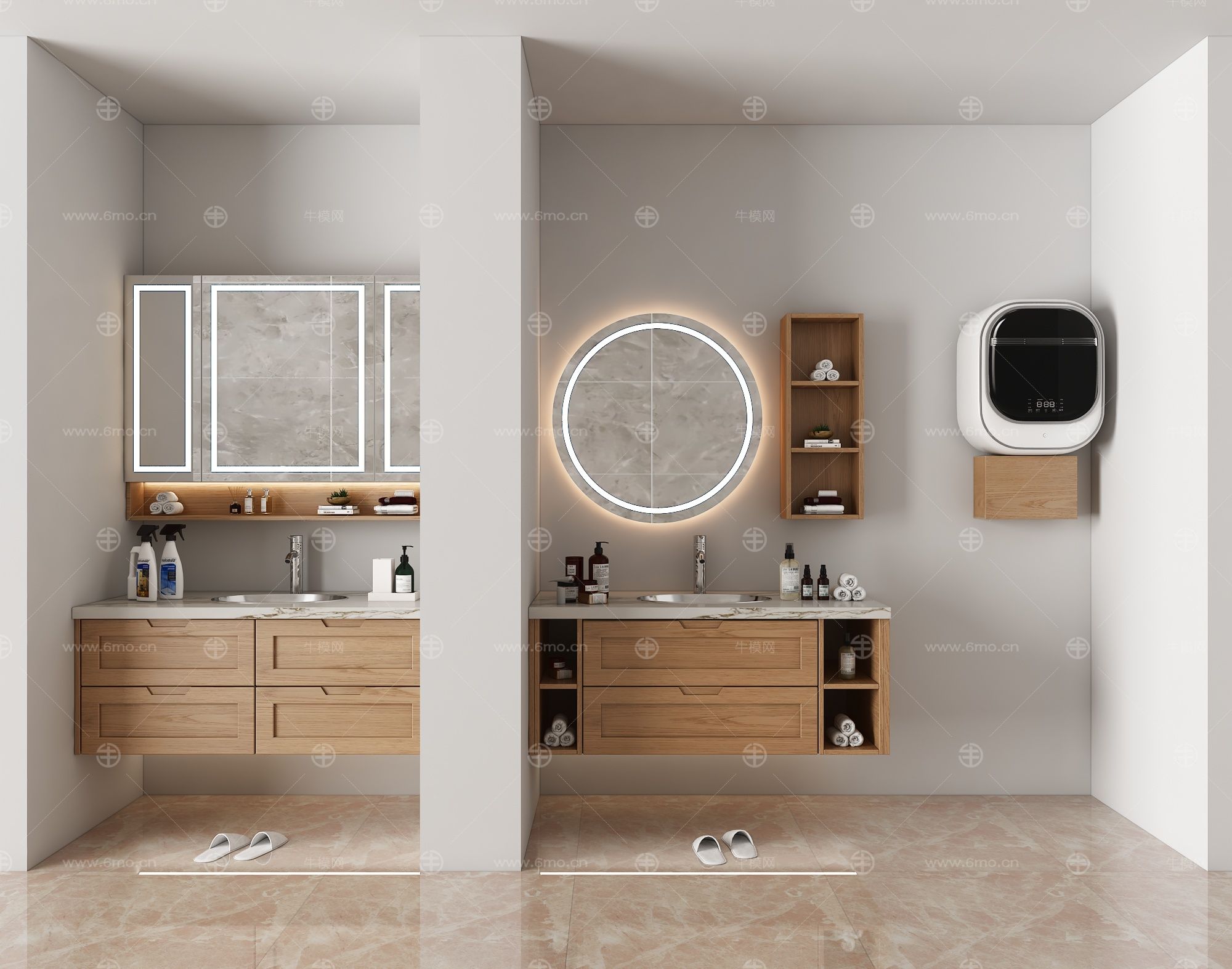 全屋定制 现代浴室柜 挂式洗衣机 实木原木色 