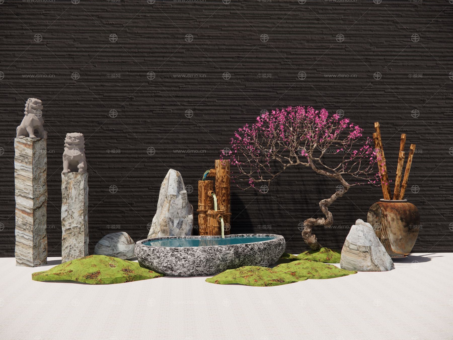 日式庭院小品景观植物景石枯山水拴马桩