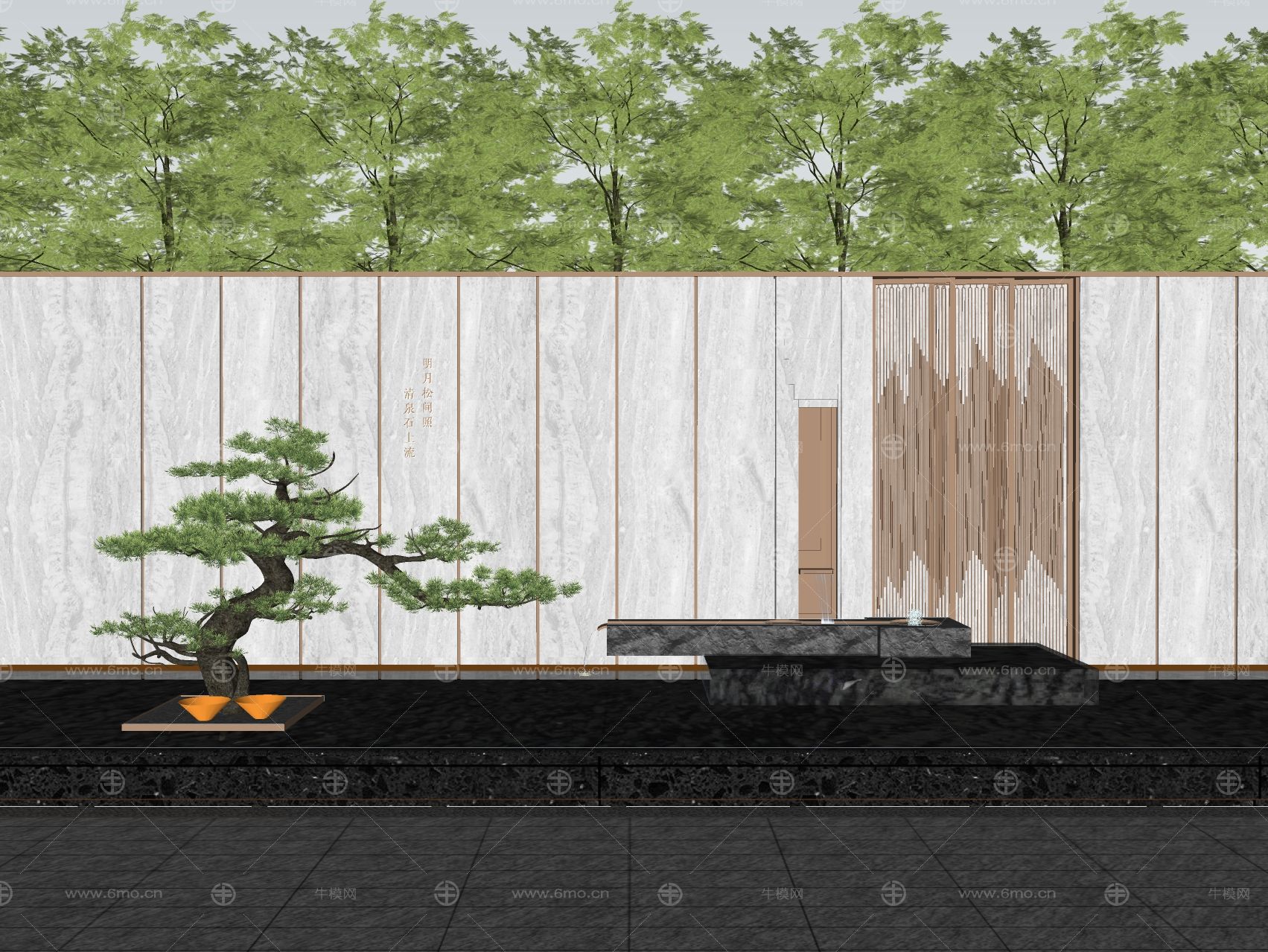 新中式景墙入口水景对景景墙示范区跌水跌水景墙围墙造型松格栅
