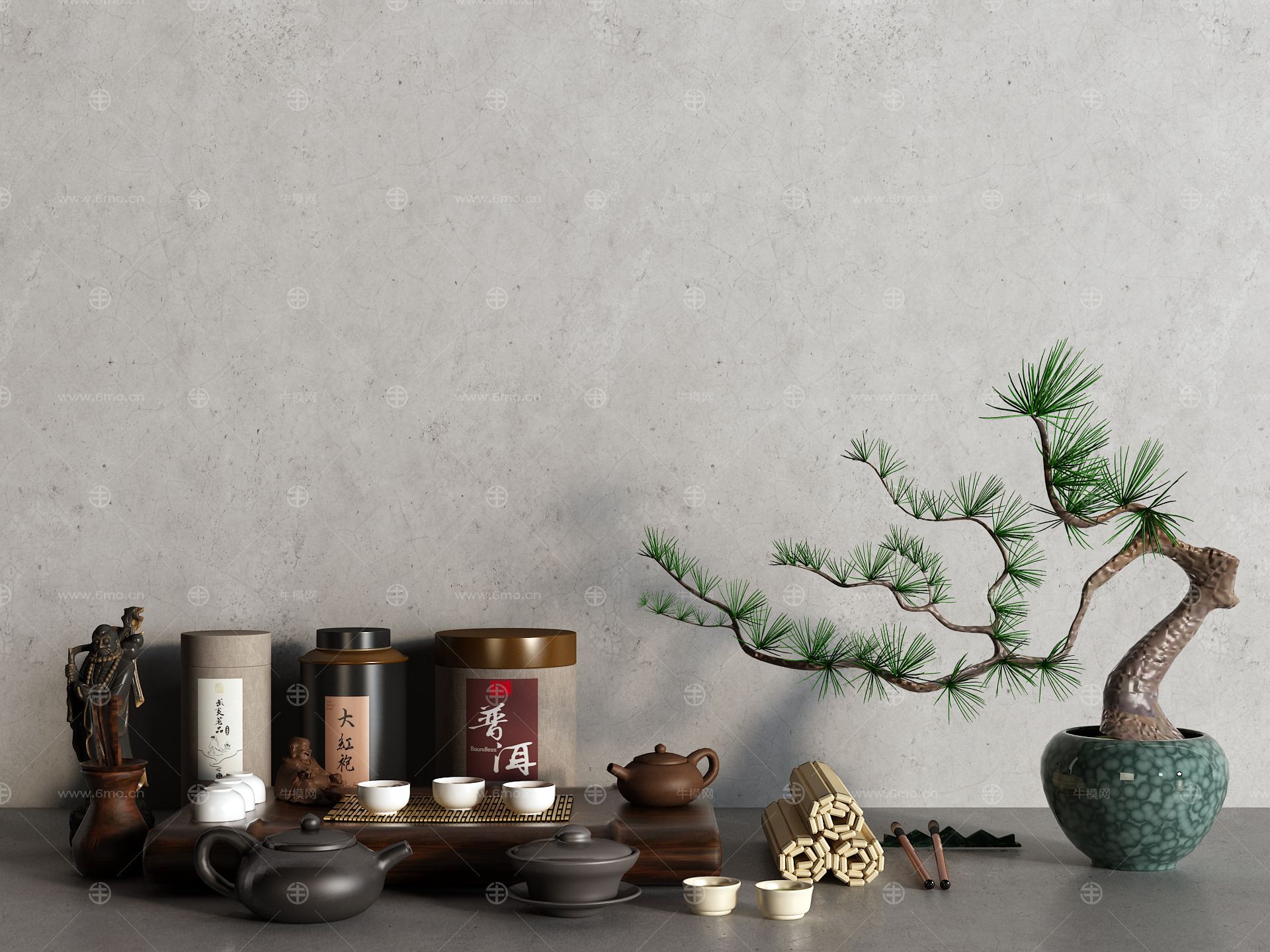 中式茶具 茶壶 茶叶 盆栽