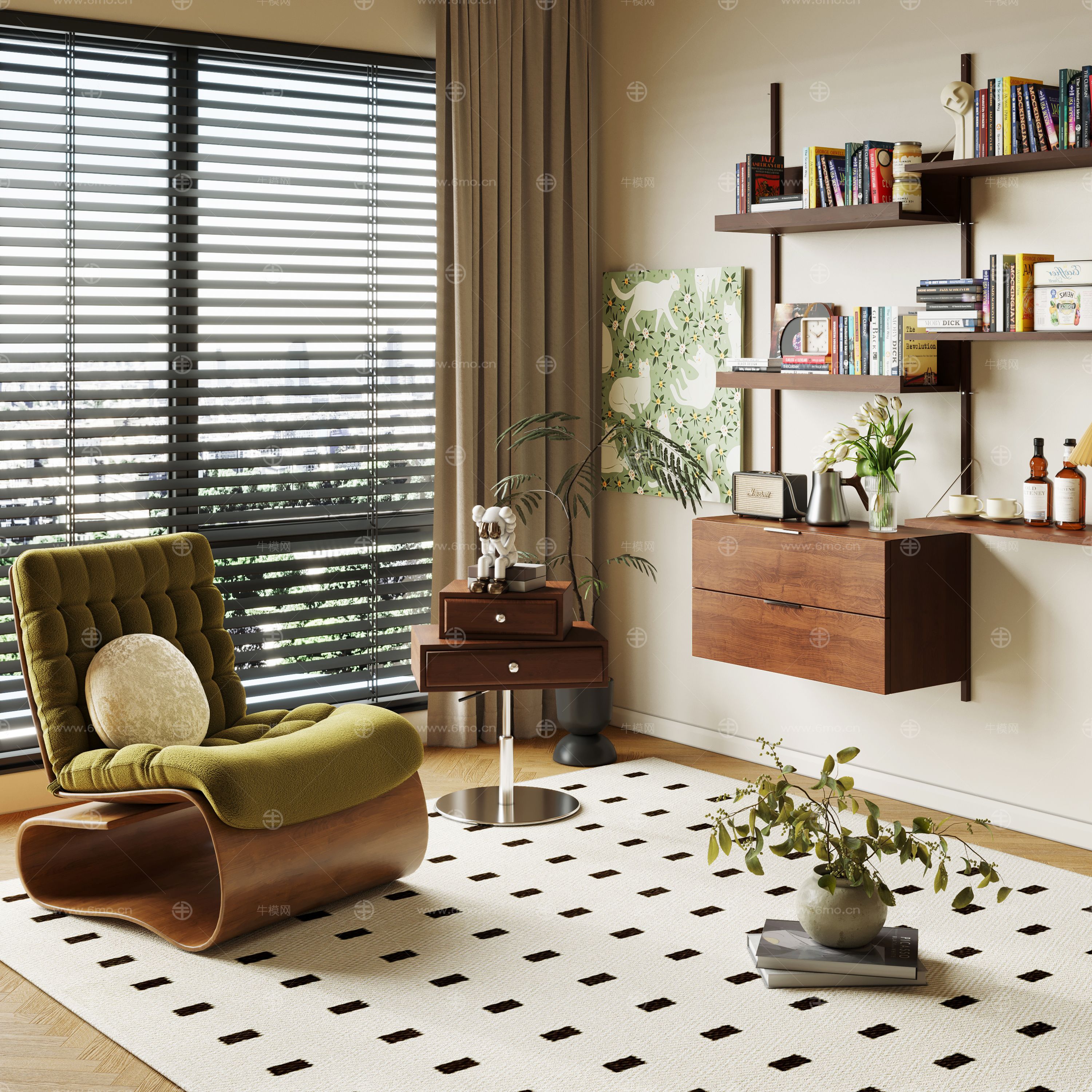 現(xiàn)代中古風(fēng)裝飾書柜 雜志架 休閑椅 邊幾