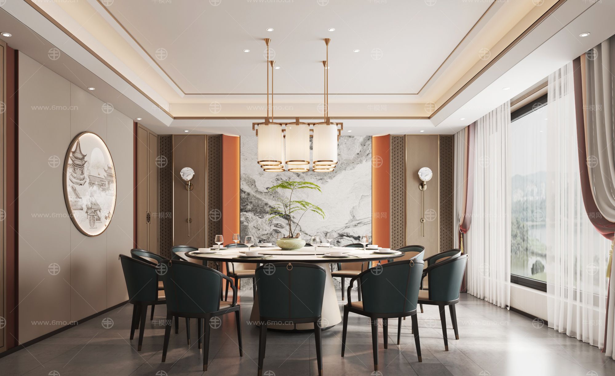 新中式餐厅包房 餐桌椅组合3D模型下载_id:313898_牛模网