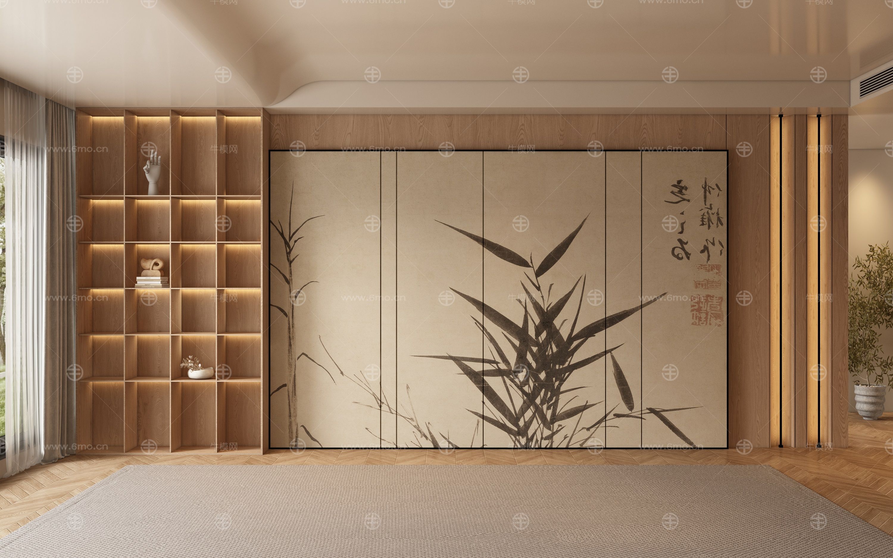 新中式原木客厅 餐厅 茶室背景墙