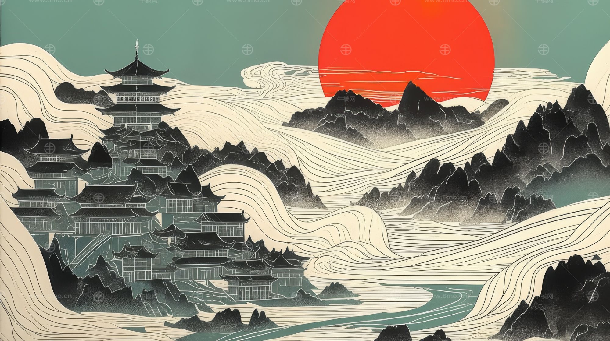 大美国风国潮元素中式美学壁画壁纸背景