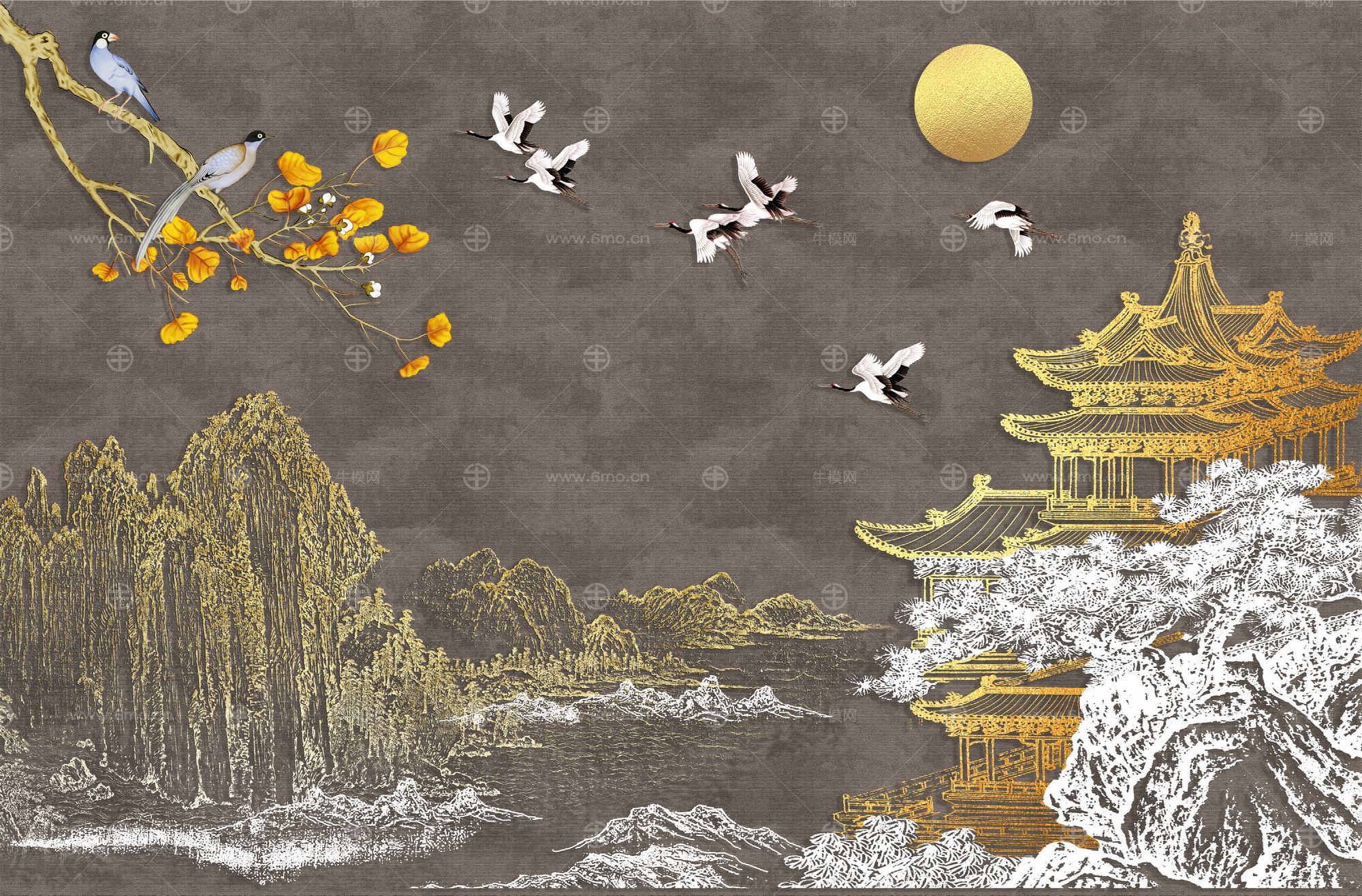 高清新中式亭台楼阁线条肌理背景墙壁画