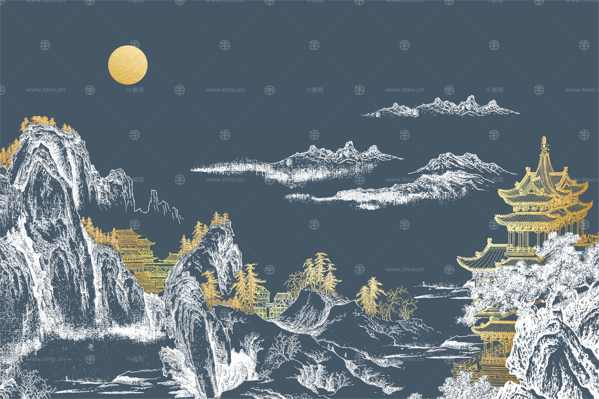 高清新中式亭台楼阁线条肌理背景墙壁画