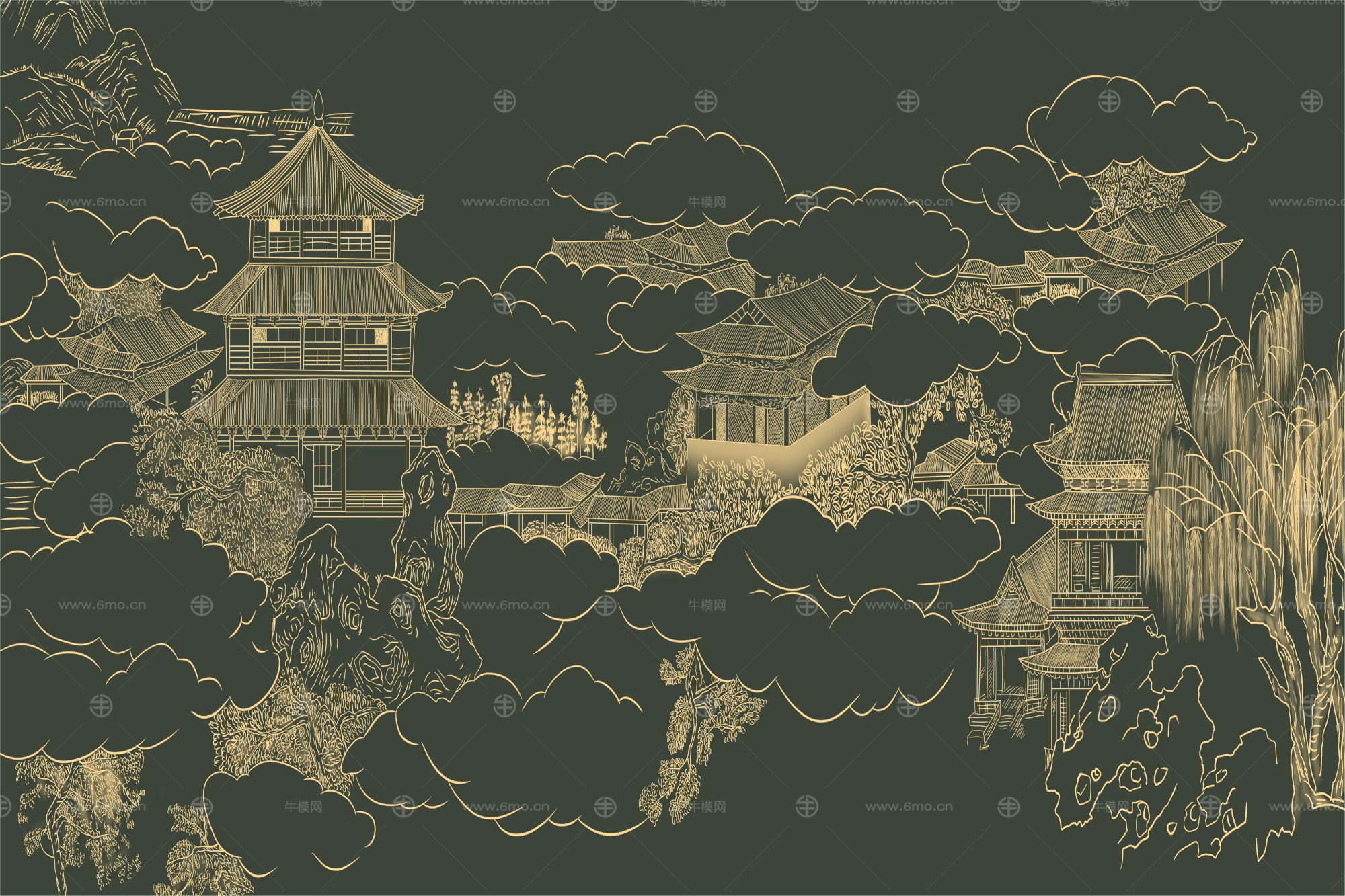 高清新中式亭台楼阁线条肌理背景墙壁画