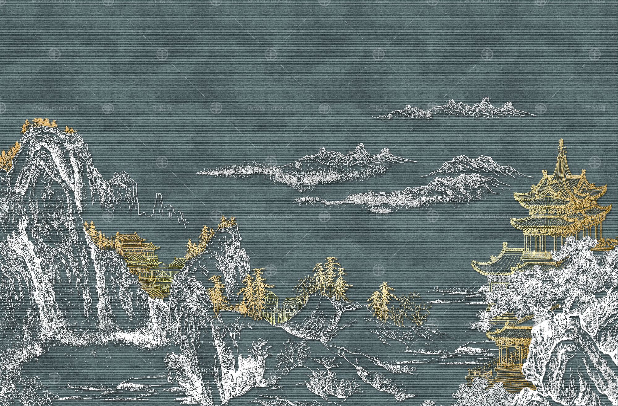 高清新中式亭台楼阁线条肌理背景墙壁画
