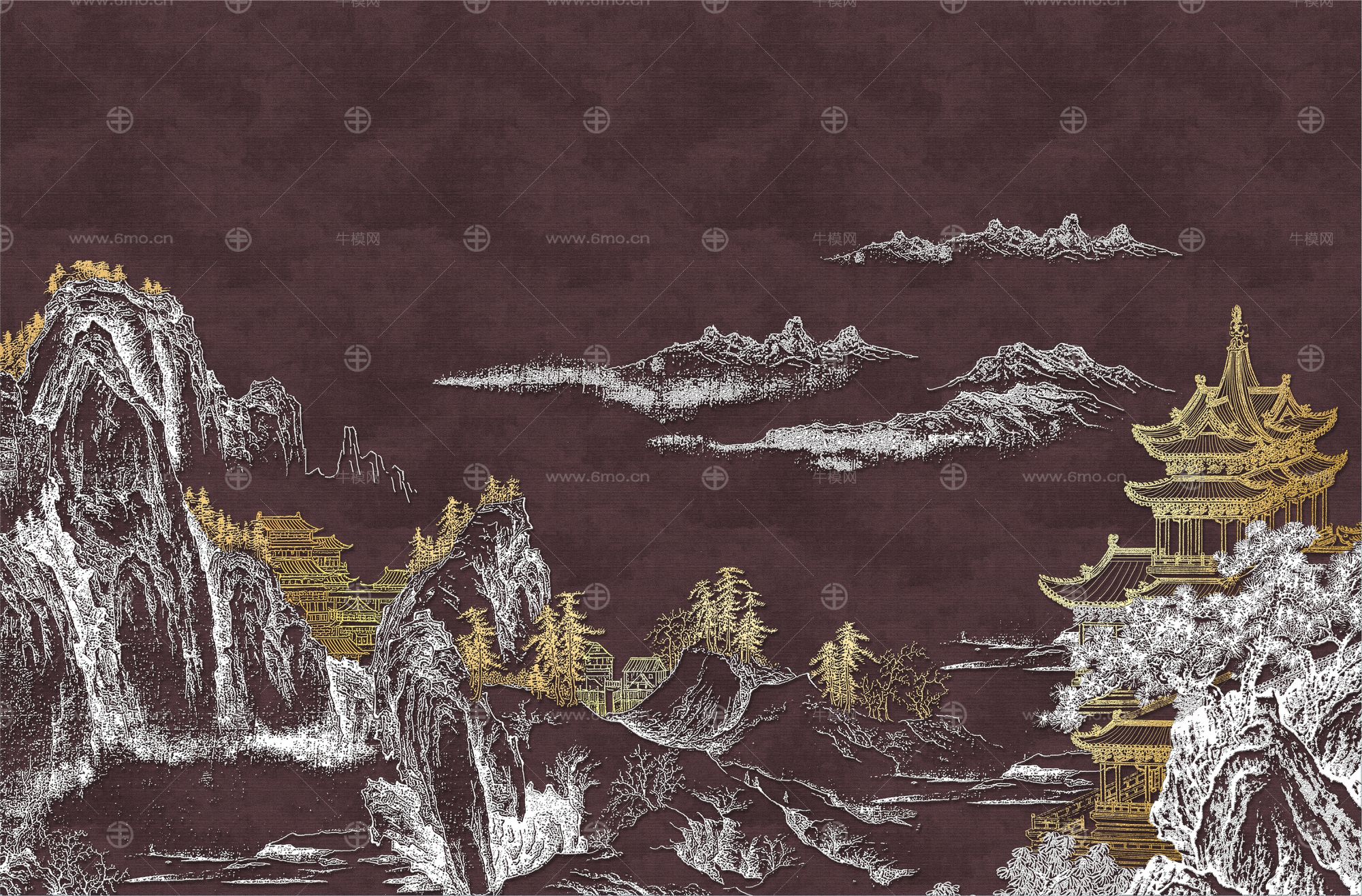 高清新中式亭台楼阁线条肌理背景墙壁画