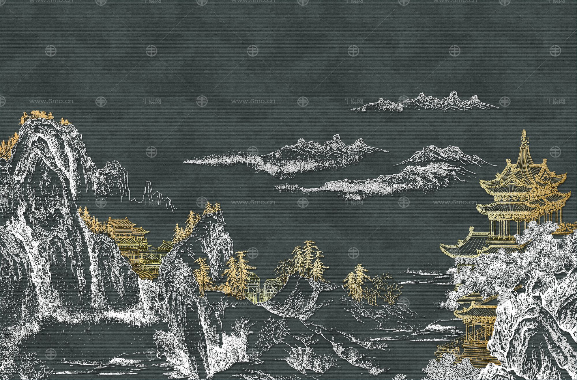 高清新中式亭台楼阁线条肌理背景墙壁画