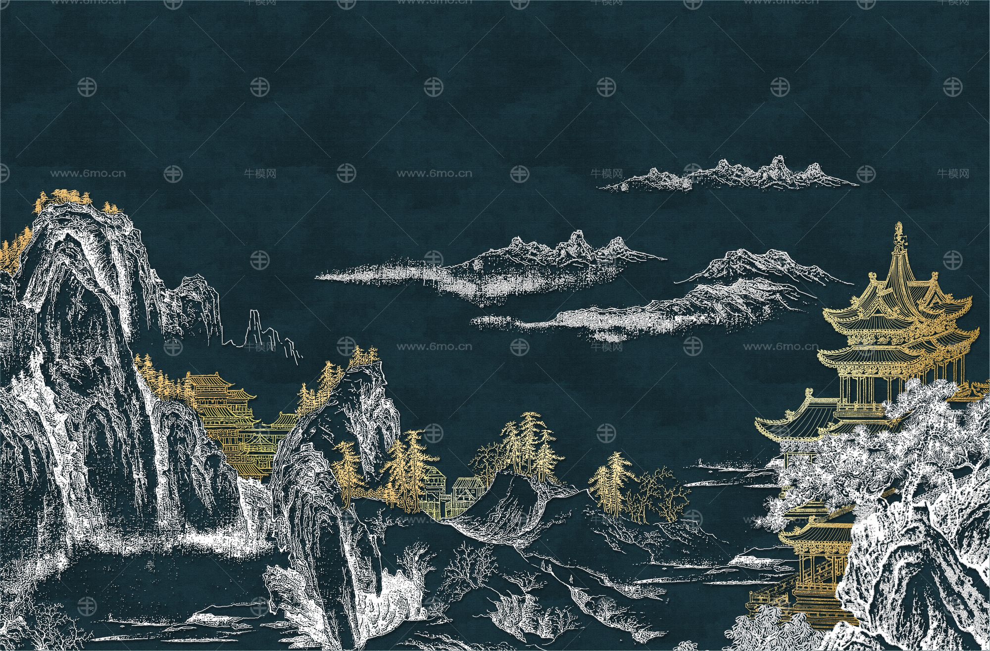 高清新中式亭台楼阁线条肌理背景墙壁画