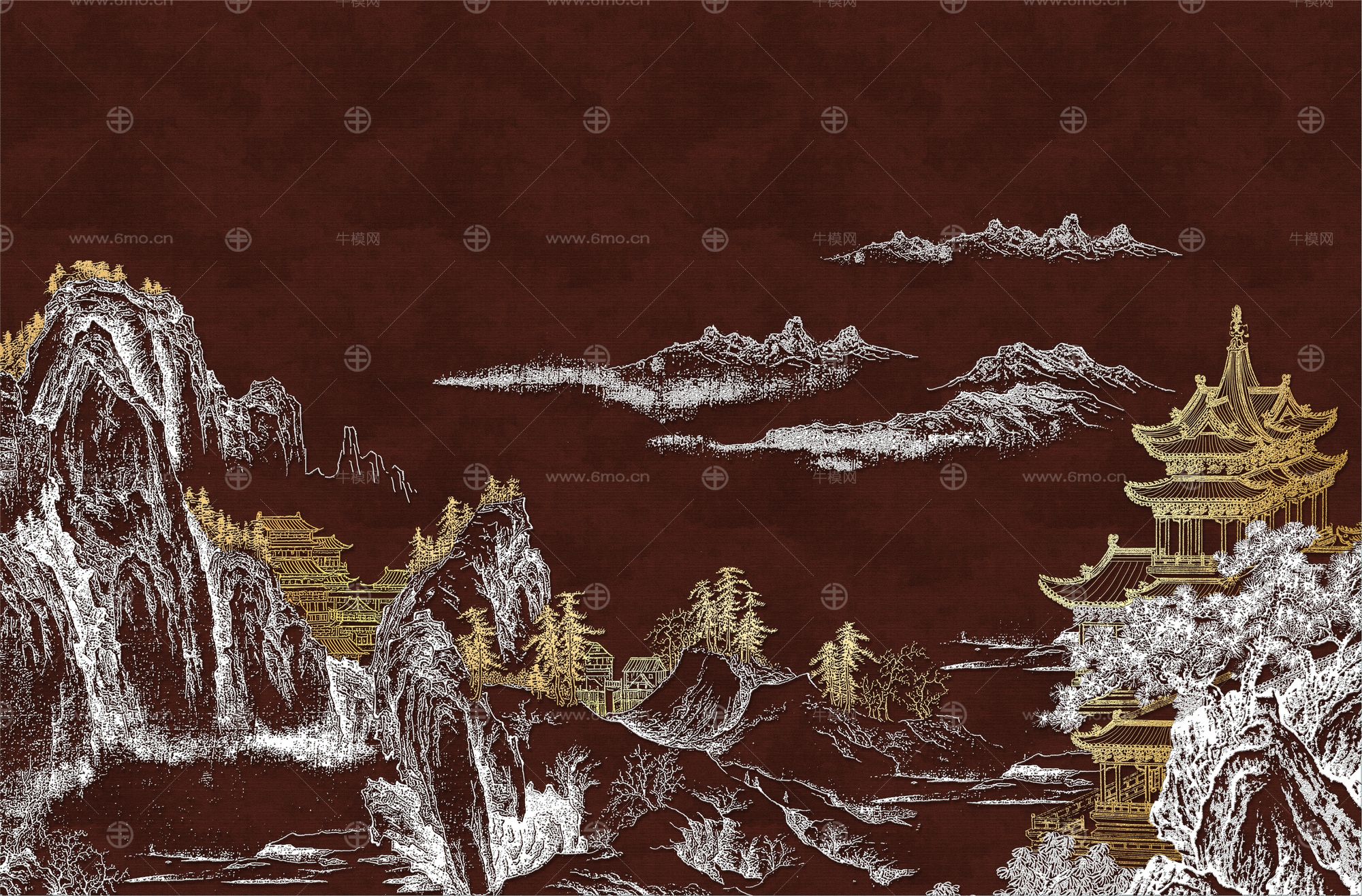 高清新中式亭台楼阁线条肌理背景墙壁画