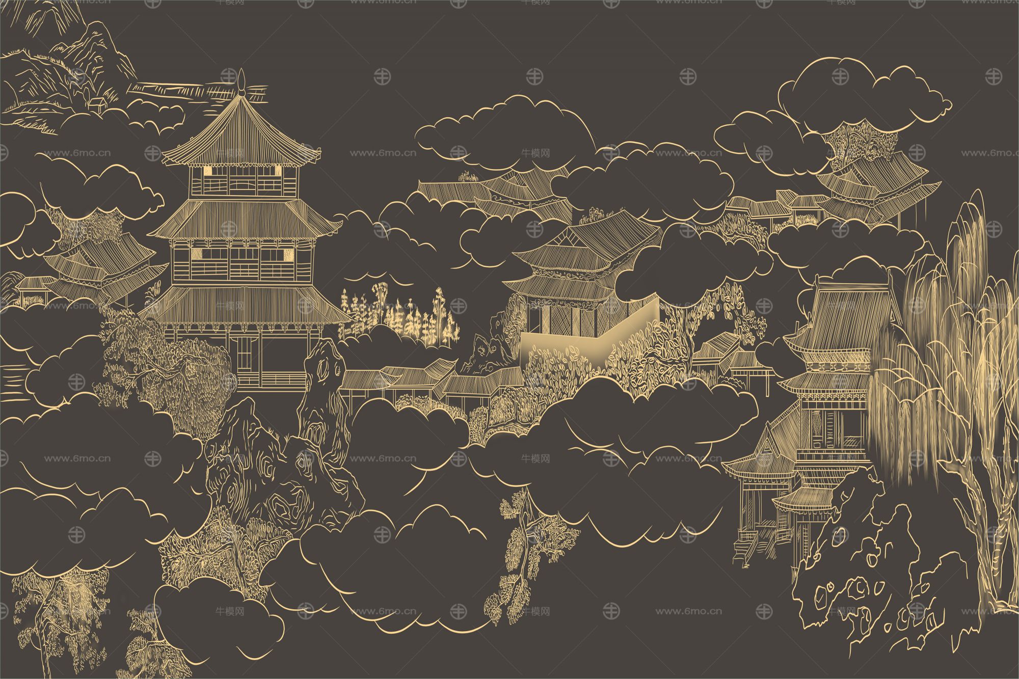 高清新中式亭台楼阁线条肌理背景墙壁画
