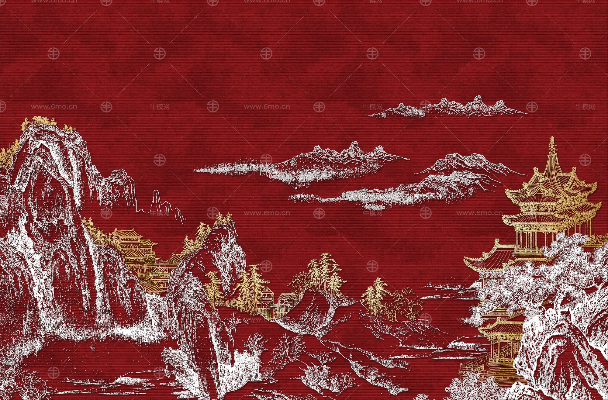 高清新中式亭台楼阁线条肌理背景墙壁画