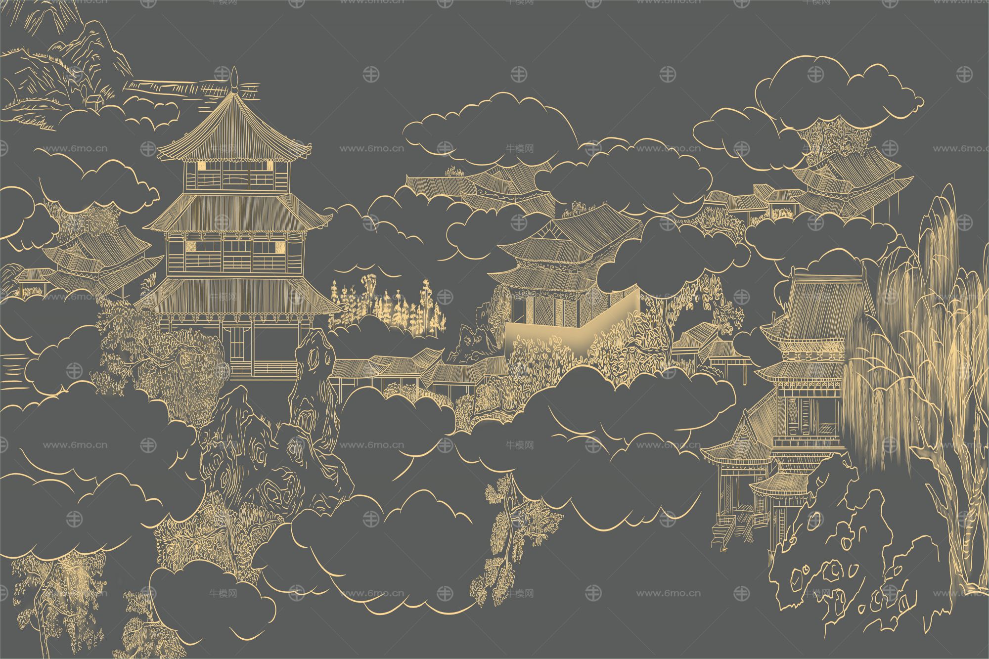 高清新中式亭台楼阁线条肌理背景墙壁画