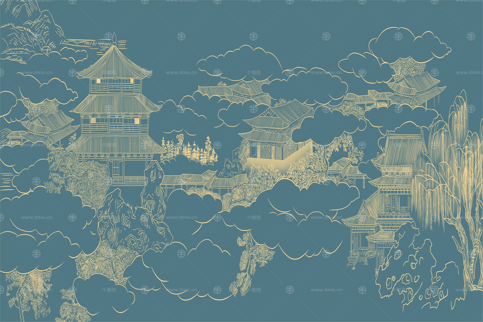 高清新中式亭台楼阁线条肌理背景墙壁画