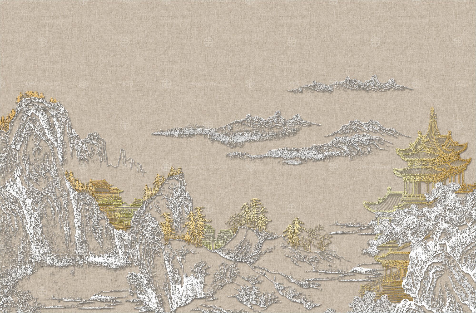 高清新中式亭台楼阁线条肌理背景墙壁画