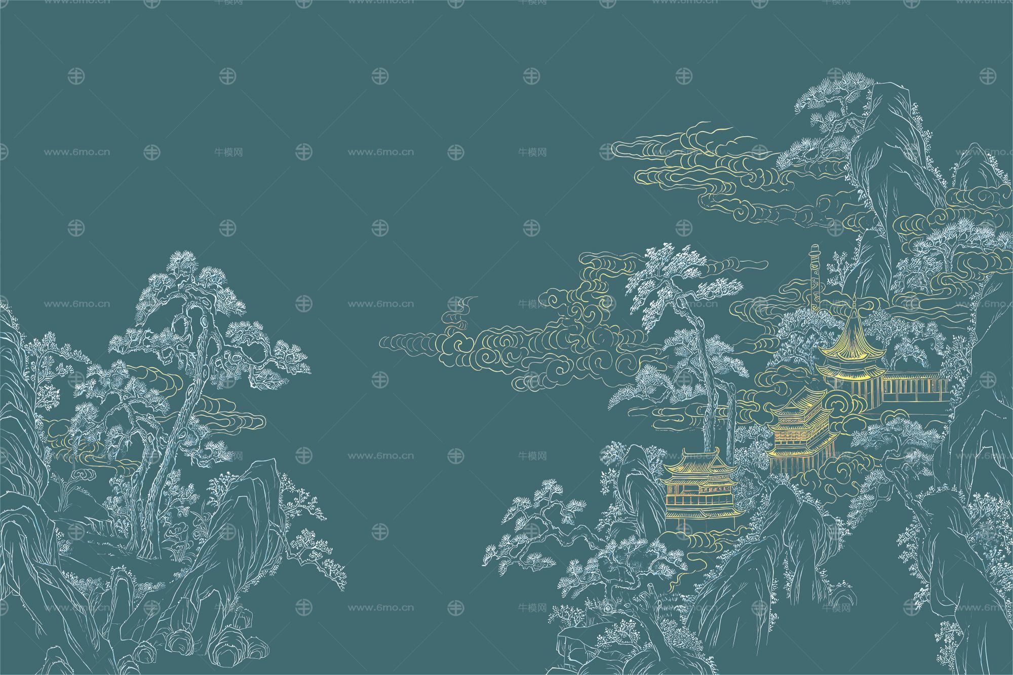 高清新中式亭台楼阁线条肌理背景墙壁画