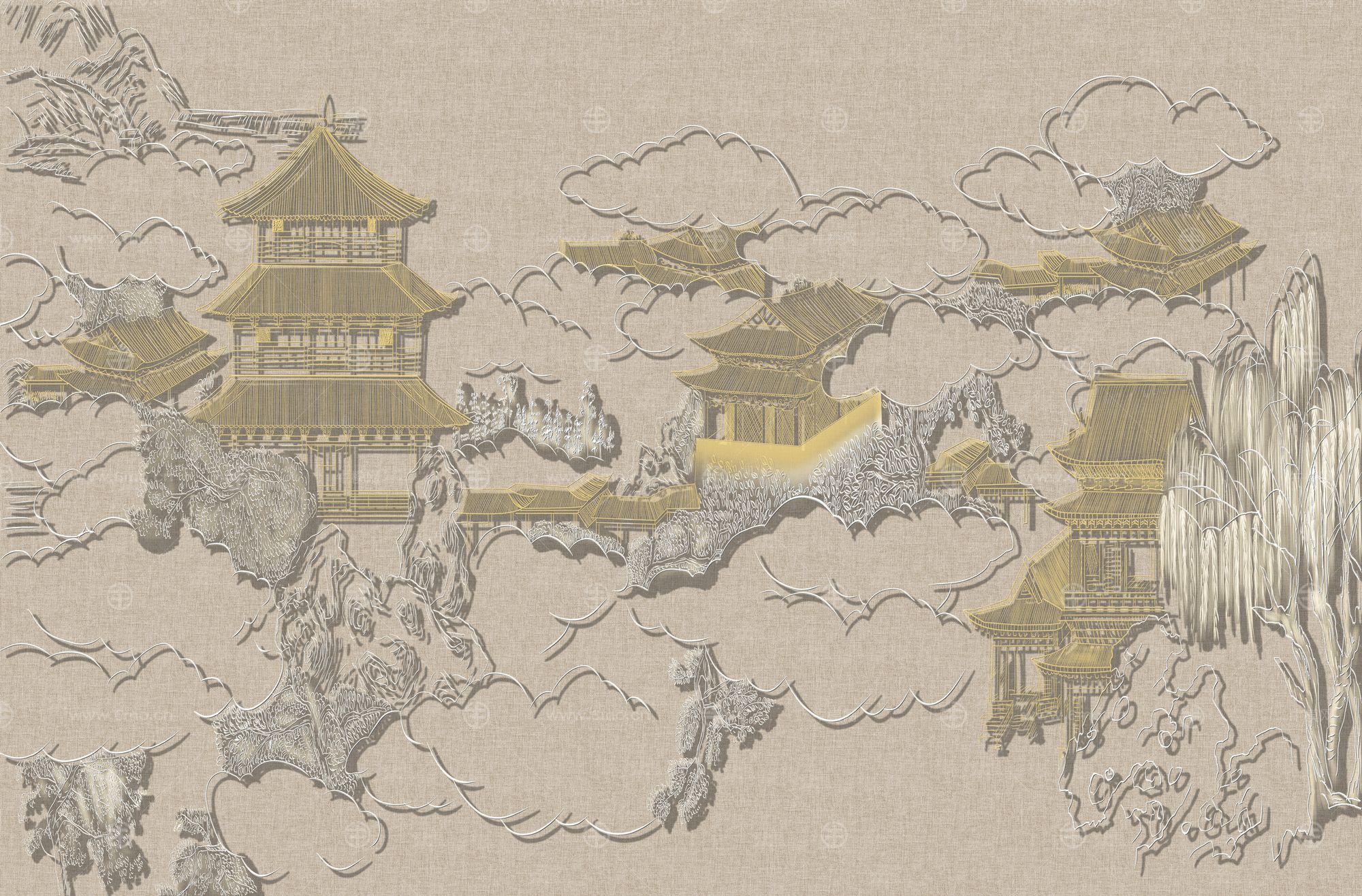 高清新中式亭台楼阁线条肌理背景墙壁画