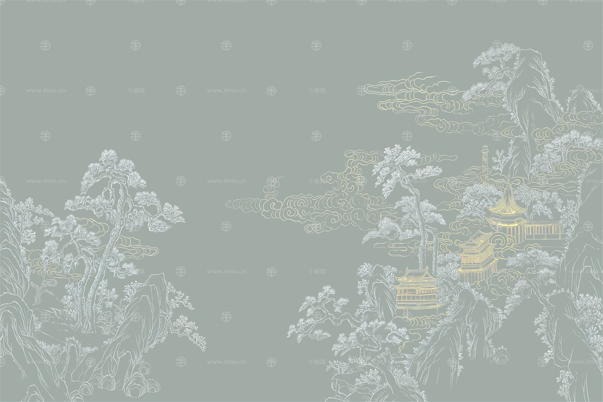 高清新中式亭台楼阁线条肌理背景墙壁画